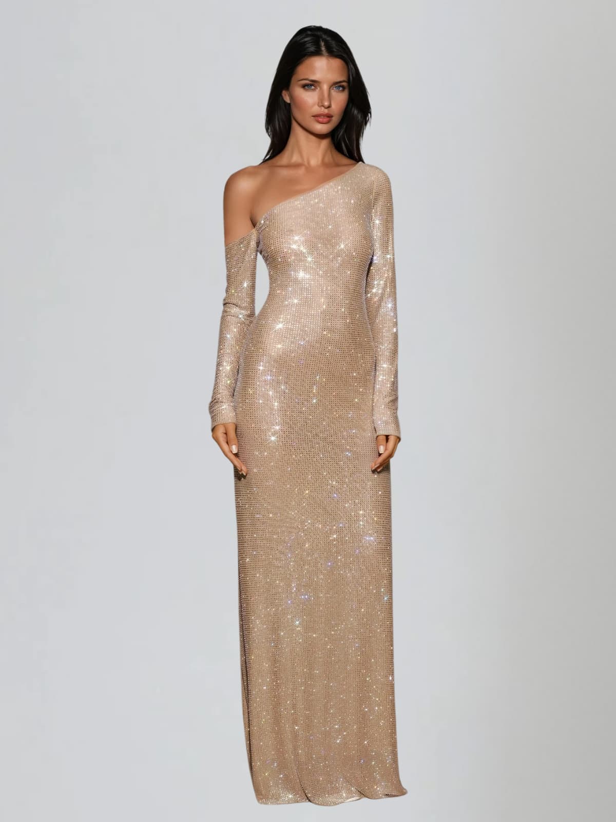Garneth One Shoulder Rhinestone Maxi Dress In Gold