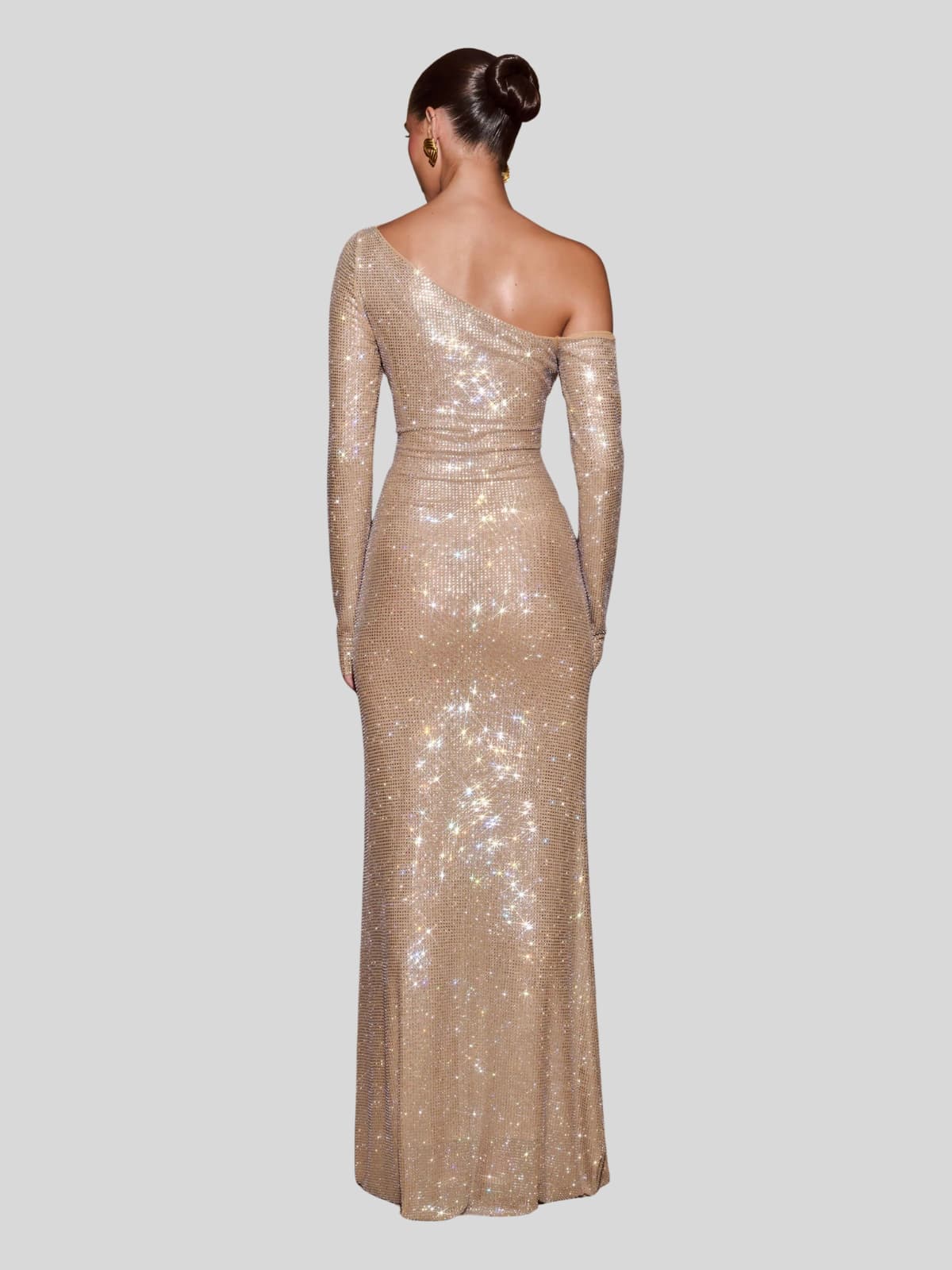 Garneth One Shoulder Rhinestone Maxi Dress In Gold