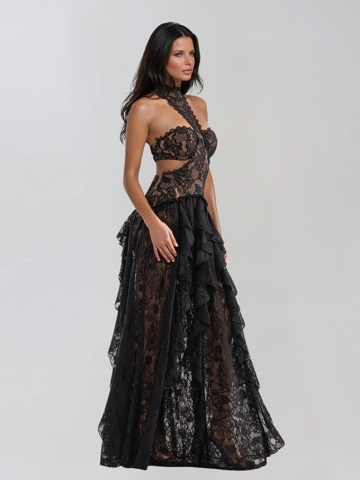 Gavelyn Halterneck Cutout Lace Maxi Dress In Black