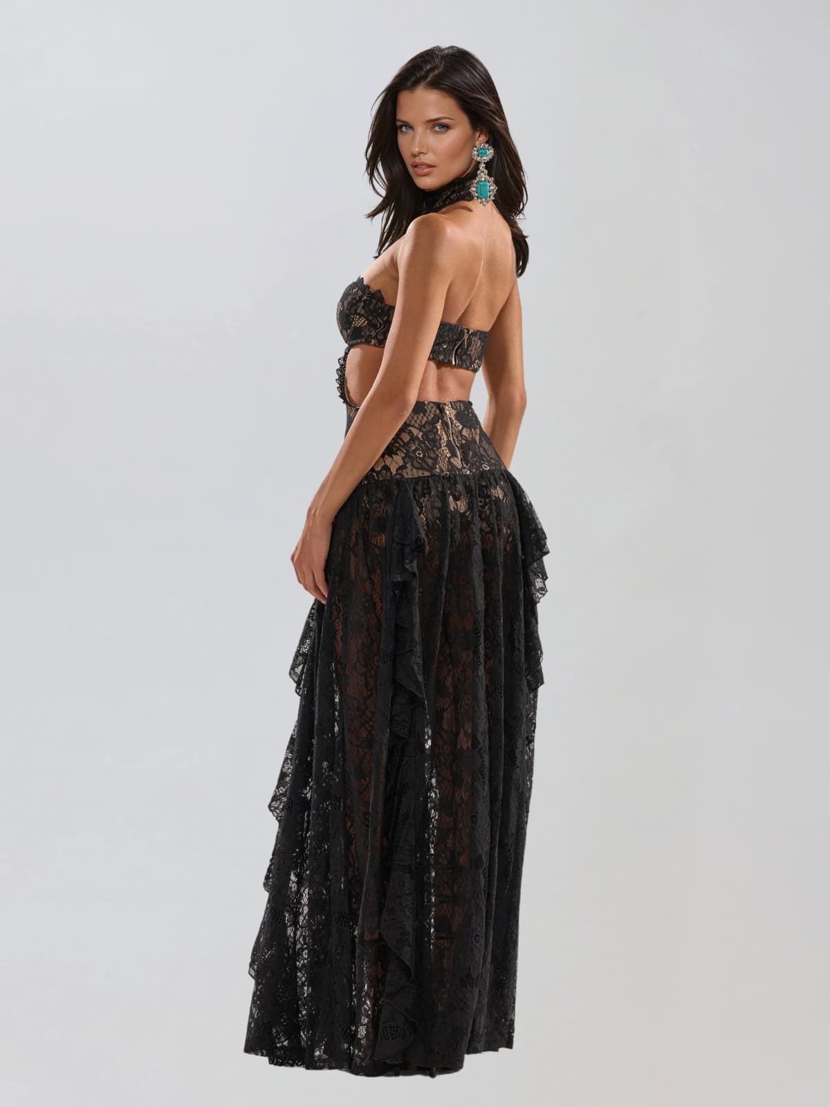 Gavelyn Halterneck Cutout Lace Maxi Dress In Black