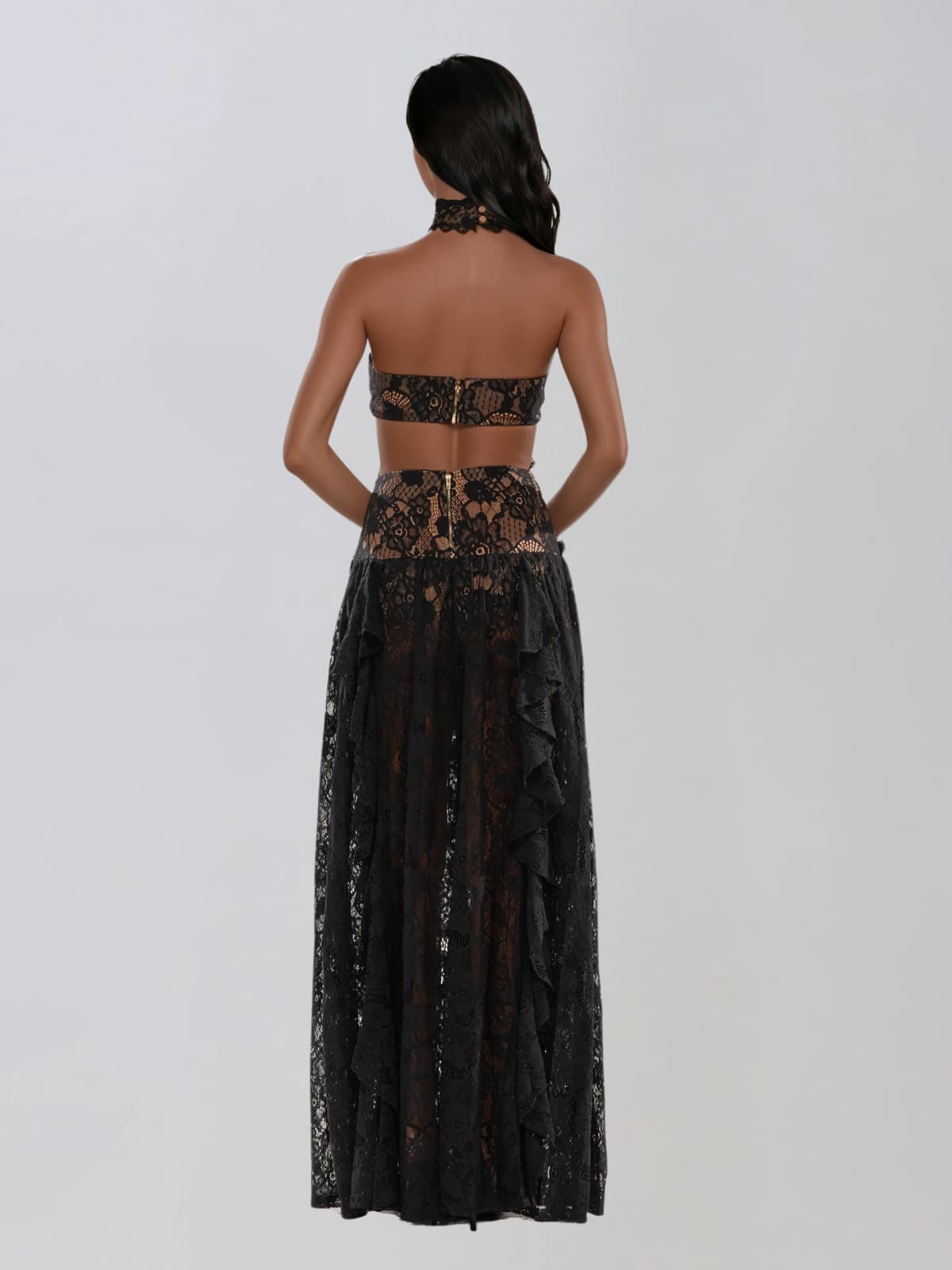Gavelyn Halterneck Cutout Lace Maxi Dress In Black