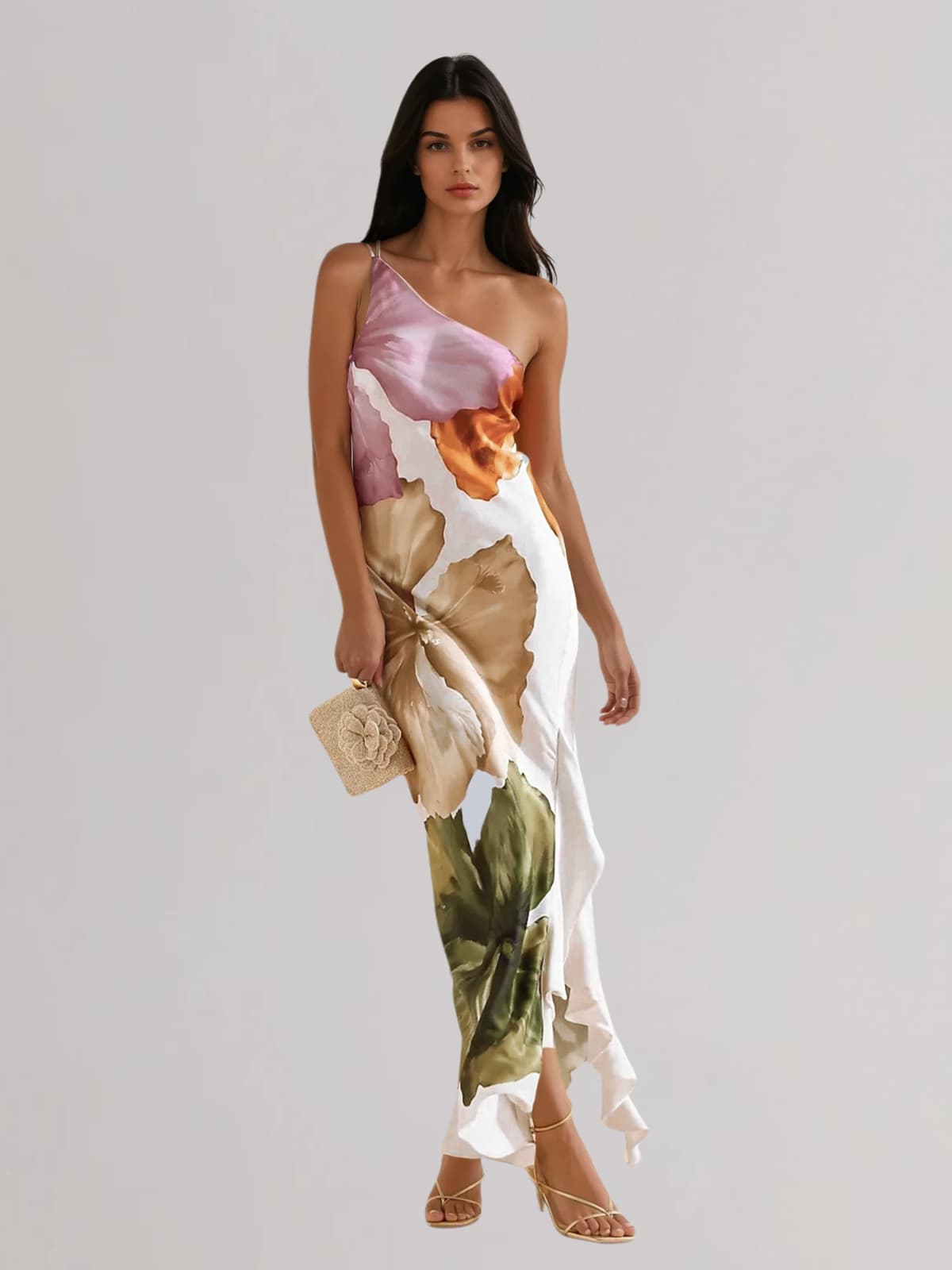 Gelyx One Shoulder Floral Ruffle Maxi Dress