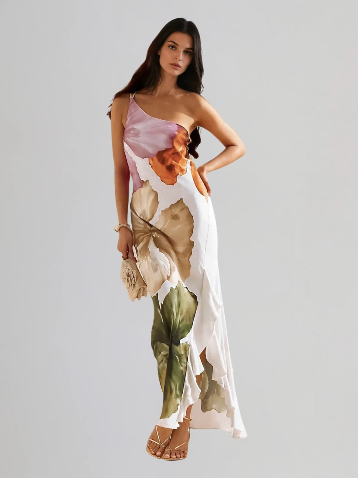 Gelyx One Shoulder Floral Ruffle Maxi Dress