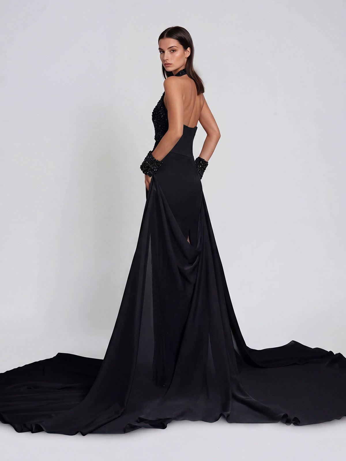 Genvyra Halterneck Cutout Diamond Maxi Dress In Black