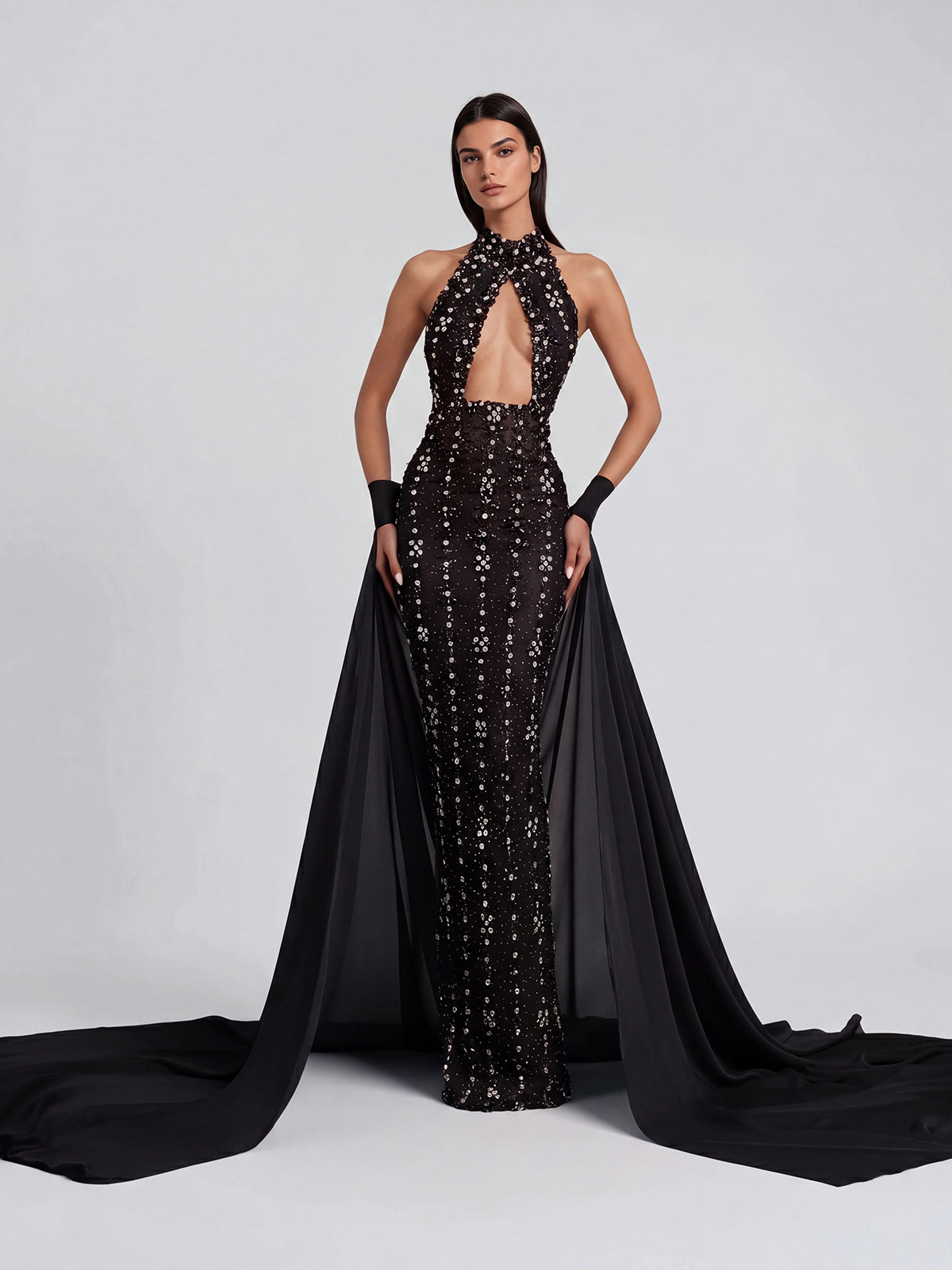 Genvyra Halterneck Cutout Diamond Maxi Dress In Black