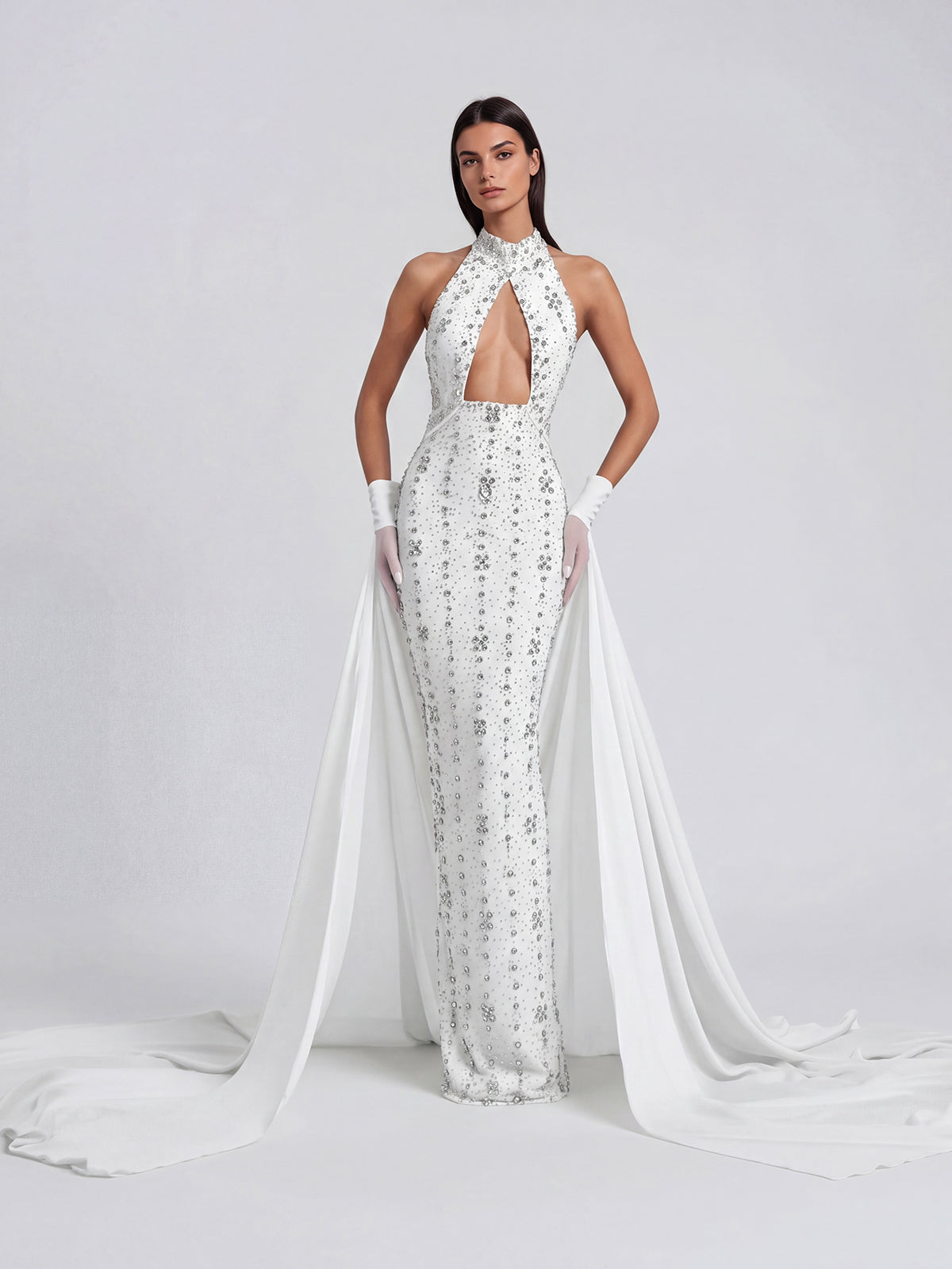 Genvyra Halterneck Cutout Diamond Maxi Dress In White