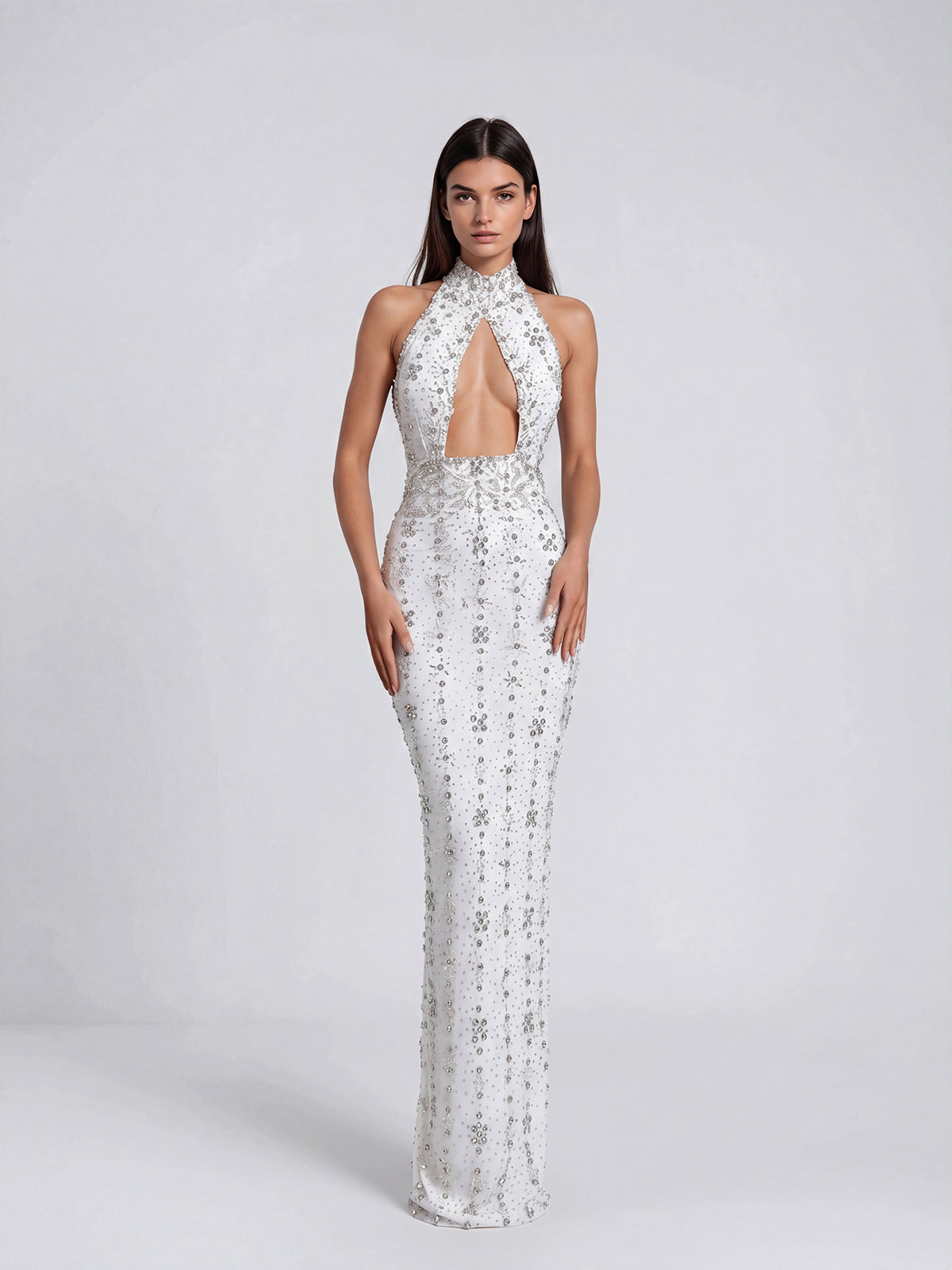 Genvyra Halterneck Cutout Diamond Maxi Dress In White