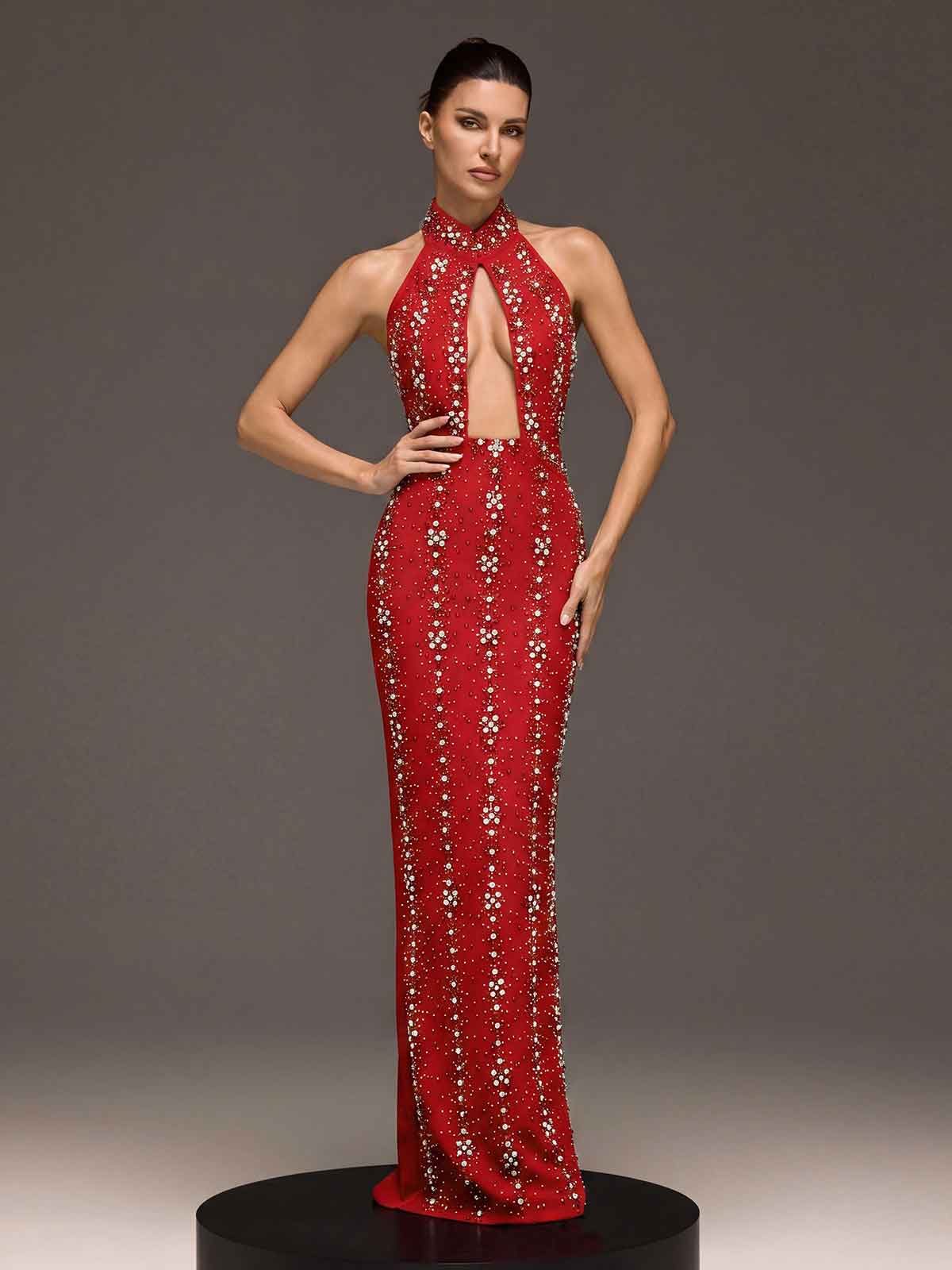 Genvyra Halterneck Cutout Diamond Maxi Dress In Wine