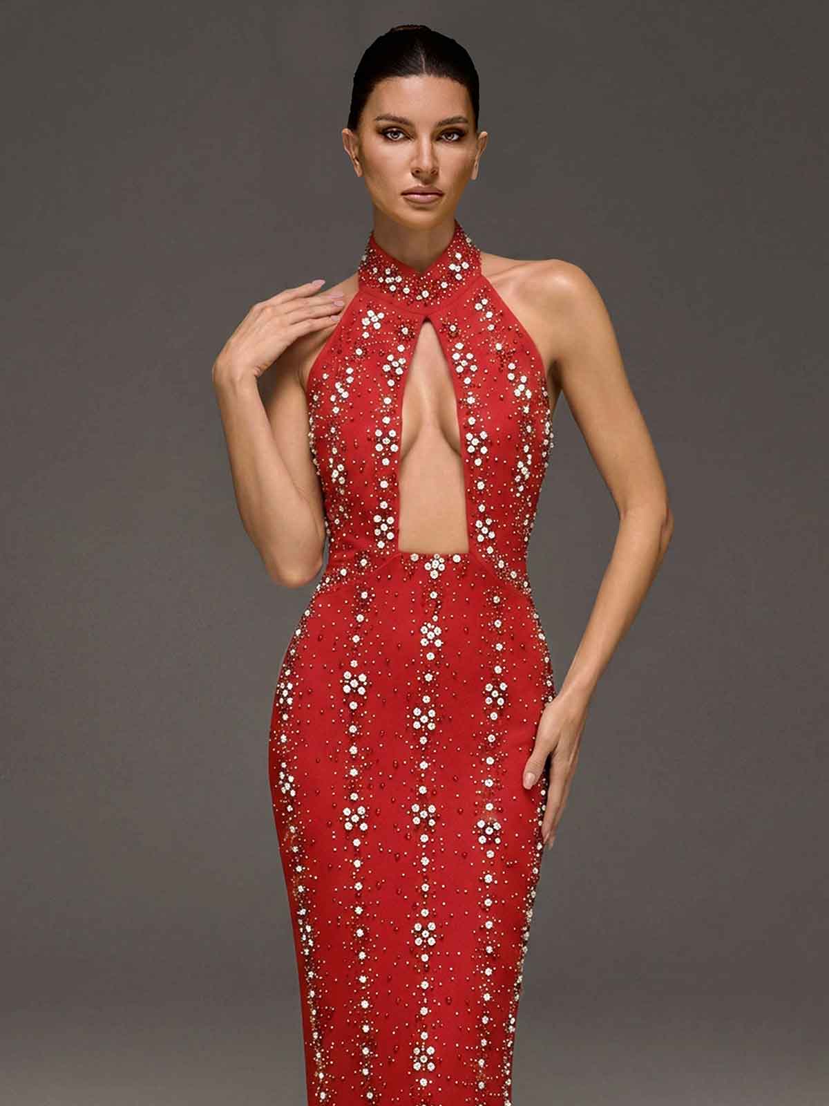 Genvyra Halterneck Cutout Diamond Maxi Dress In Wine