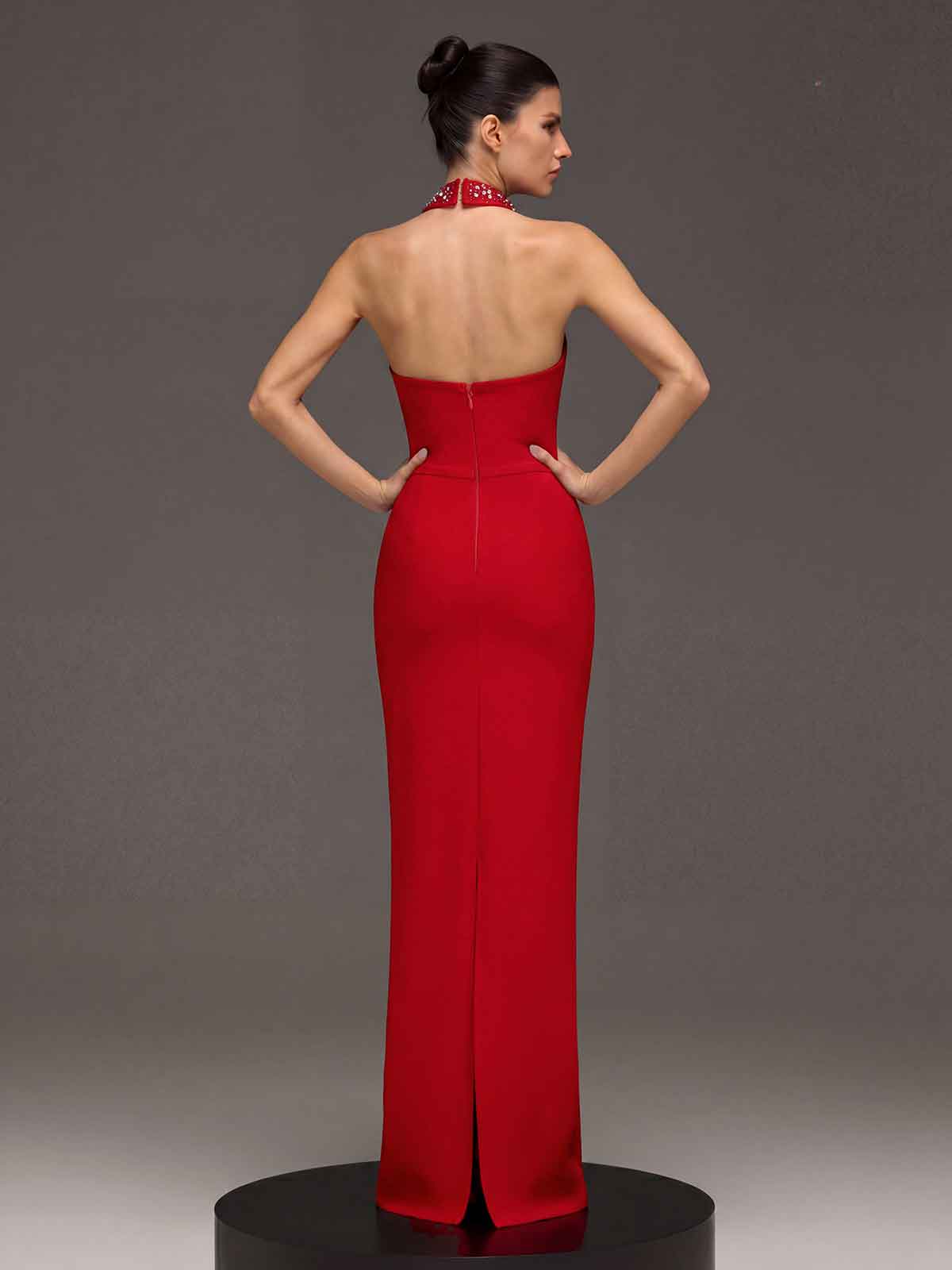 Genvyra Halterneck Cutout Diamond Maxi Dress In Wine