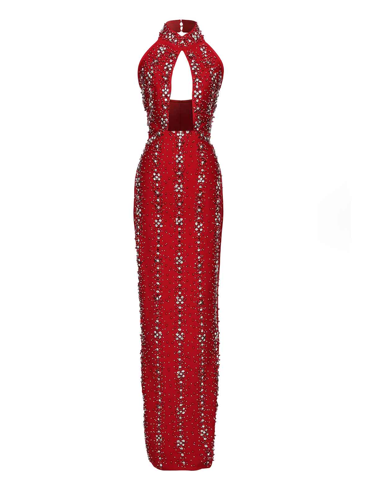 Genvyra Halterneck Cutout Diamond Maxi Dress In Wine