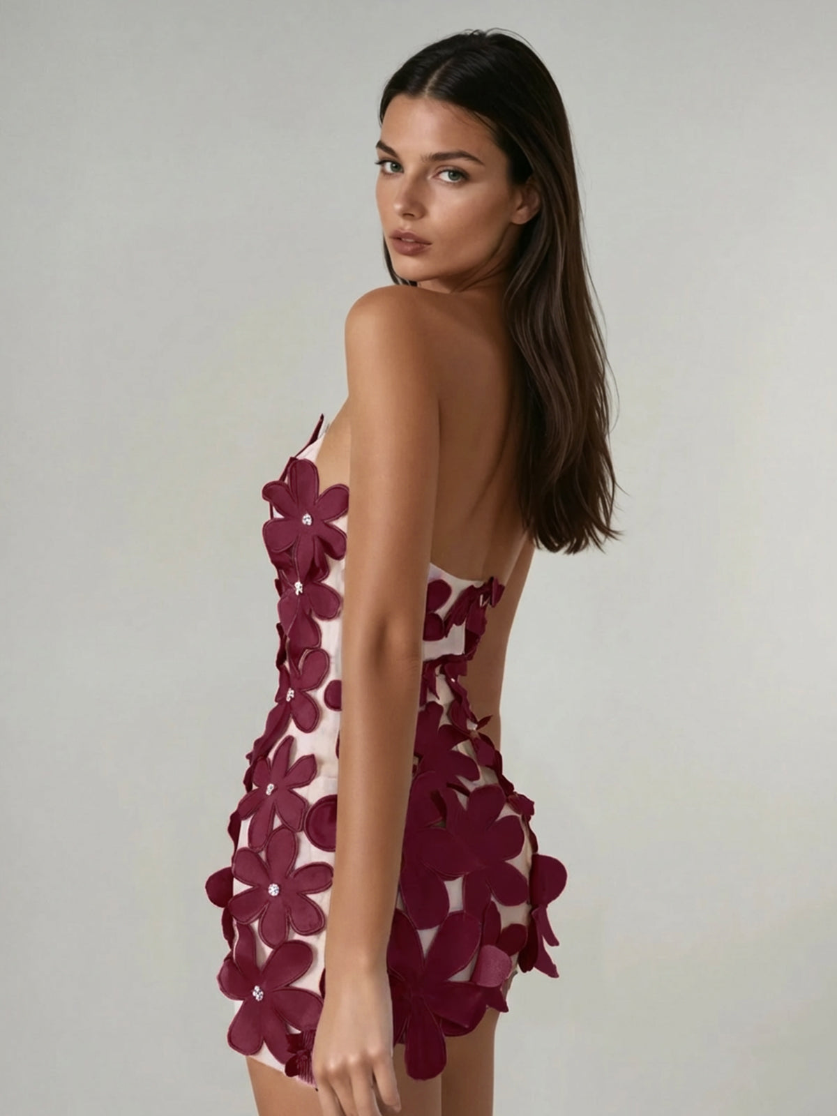 Geodar Halterneck Flower Mini Dress In Wine