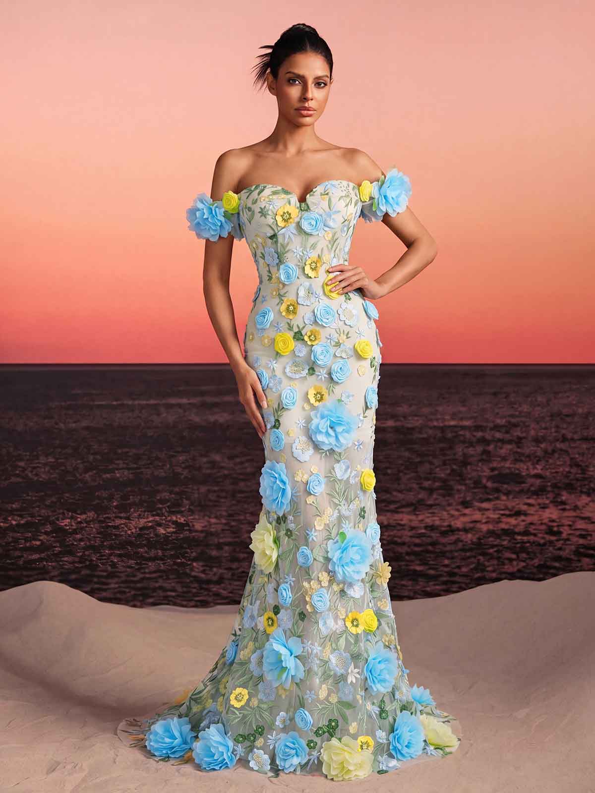 Gexila Off Shoulder Flower Mesh Maxi Dress
