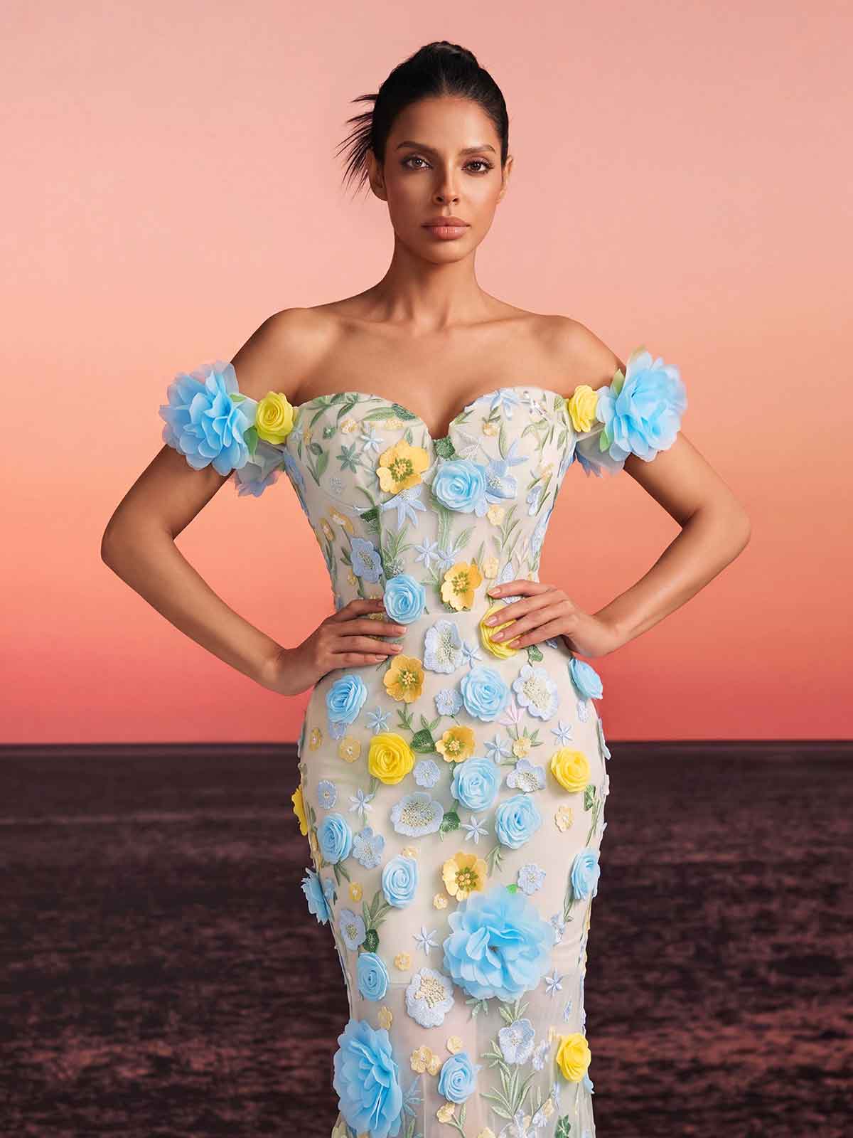 Gexila Off Shoulder Flower Mesh Maxi Dress