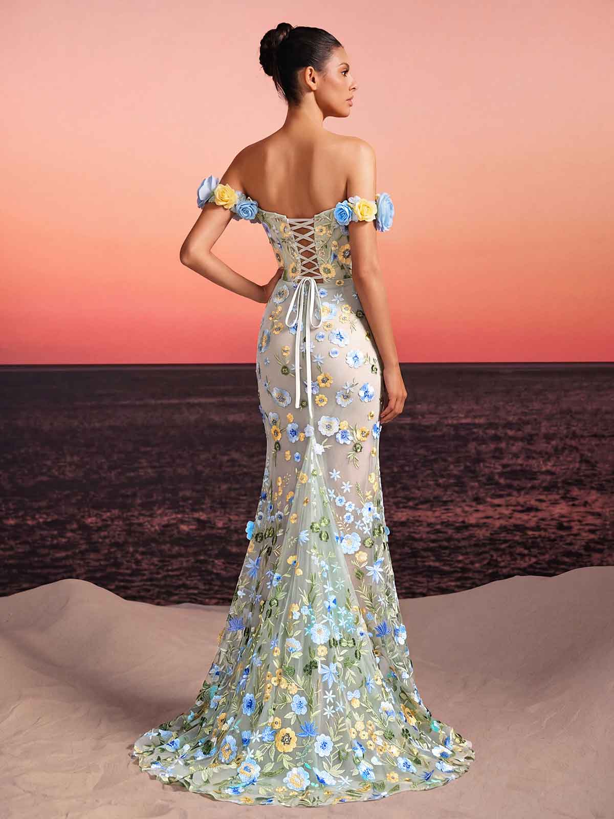 Gexila Off Shoulder Flower Mesh Maxi Dress