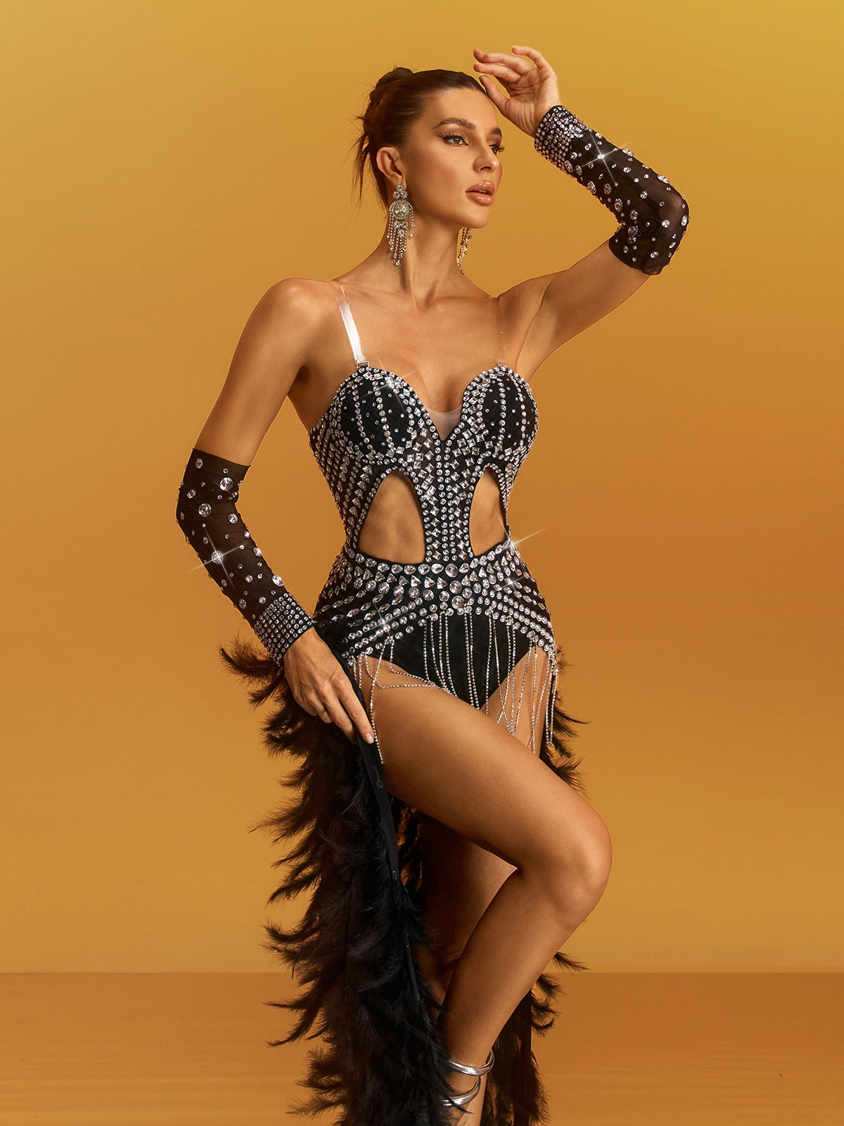Geysera Crystal Feather Cutout Chain Bodysuit