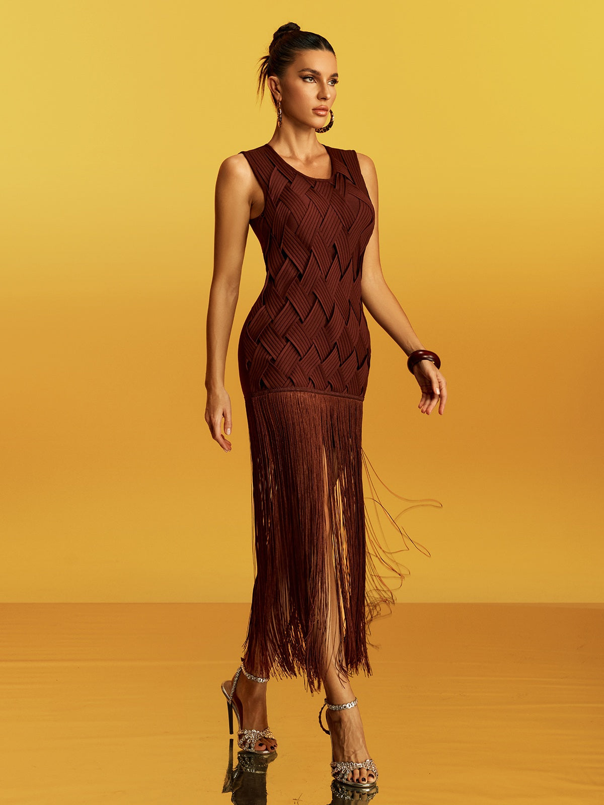 Globula Sleeveless Fringe Bandage Maxi Dress