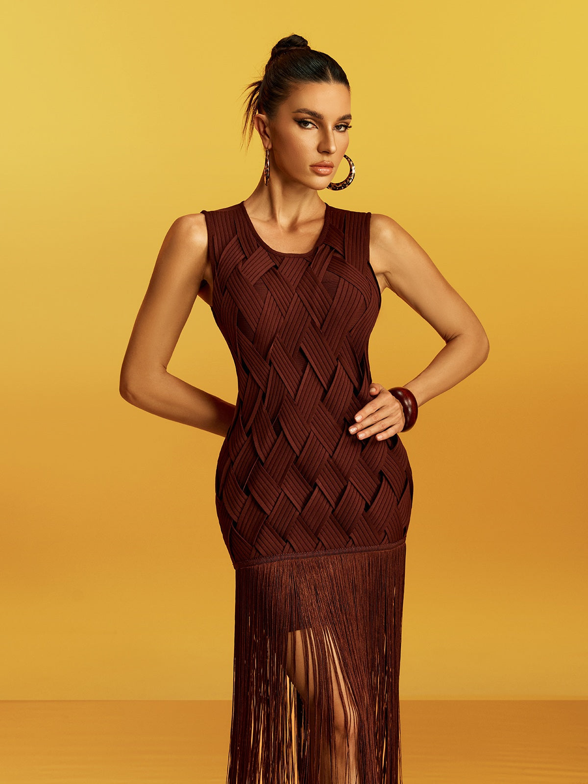 Globula Sleeveless Fringe Bandage Maxi Dress