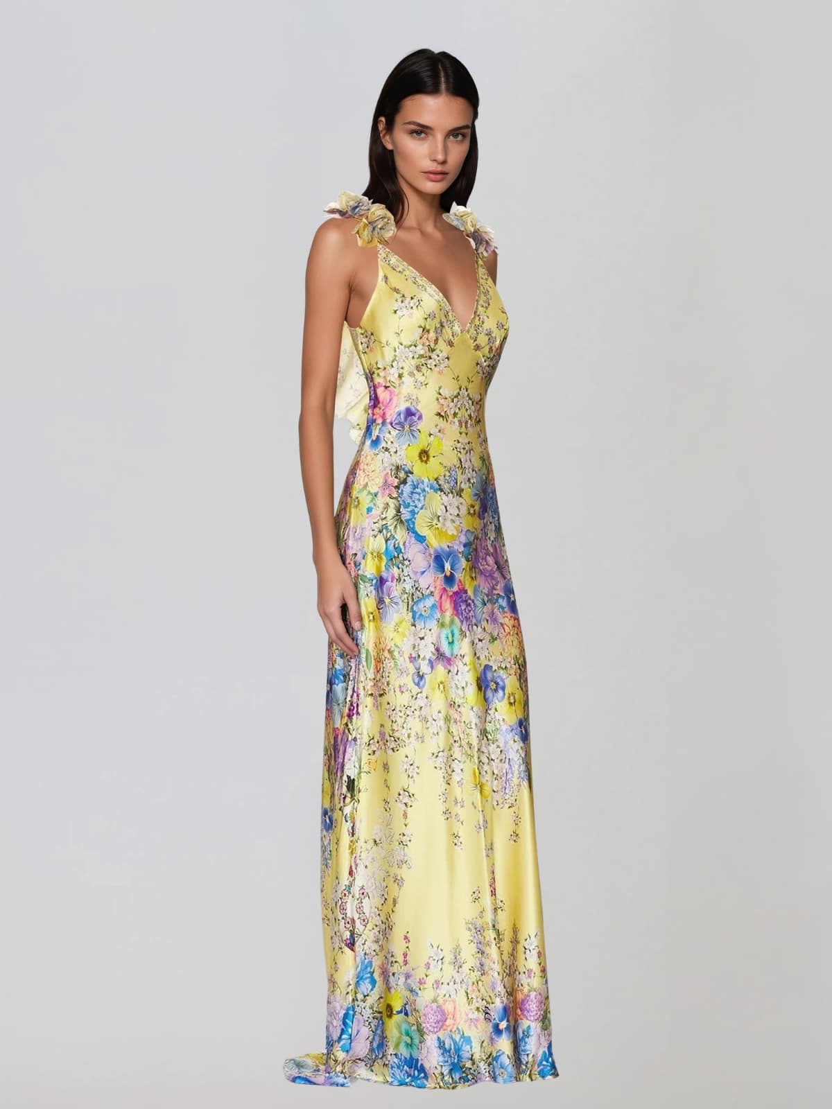 Goril V Neck Flower Maxi Dress