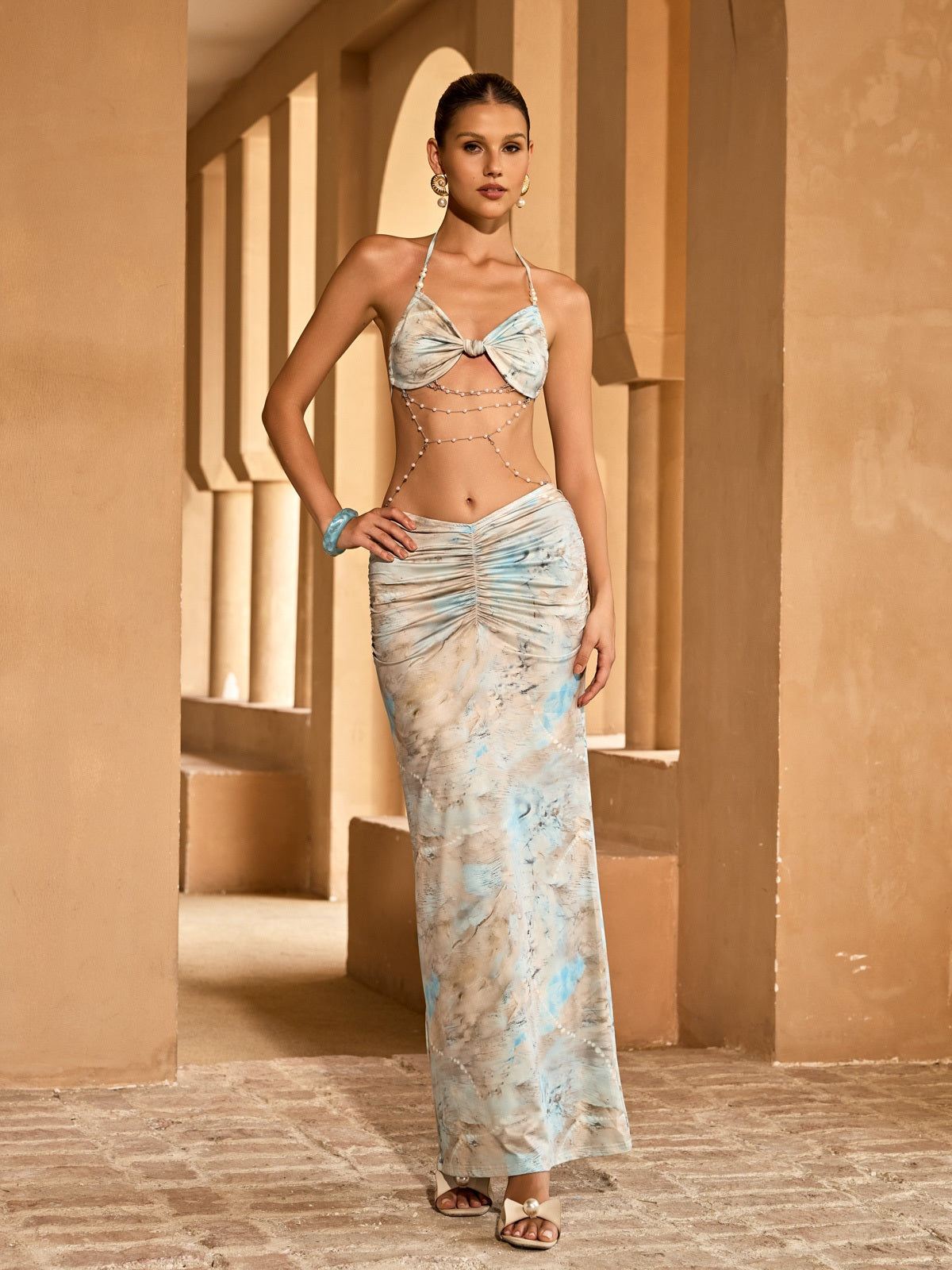 Gorix Chain Printed Dress In Mint Blue