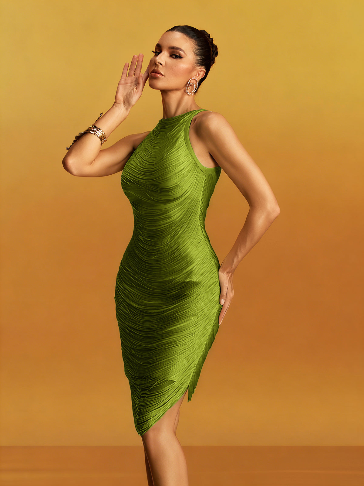 Gradient Sleeveless Fringe Bandage Mini Dress In Green