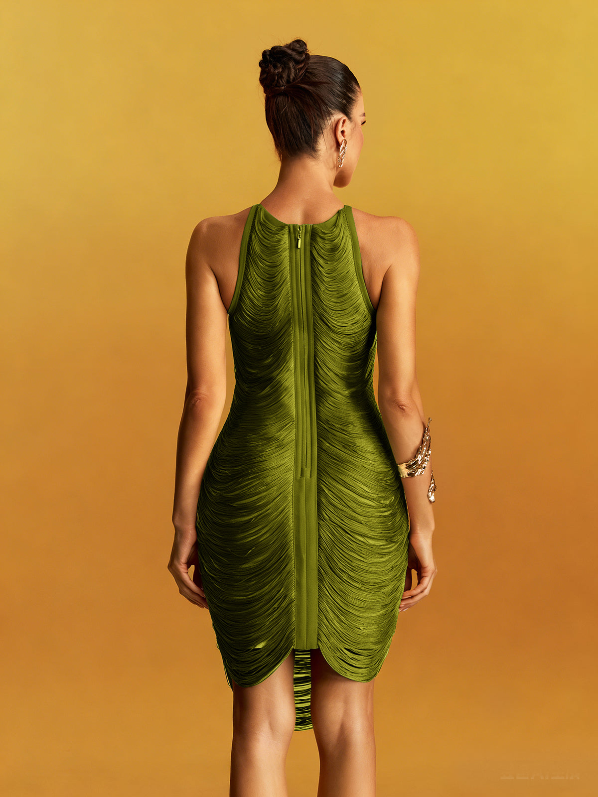 Gradient Sleeveless Fringe Bandage Mini Dress In Green