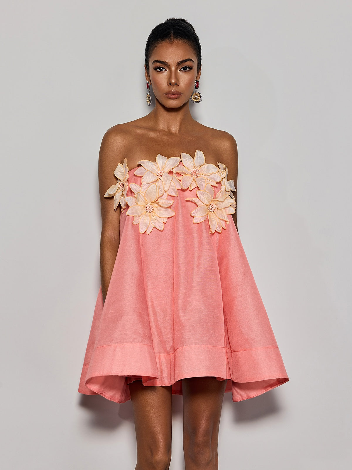 Gratho Strapless Flower Mini Dress In Coral