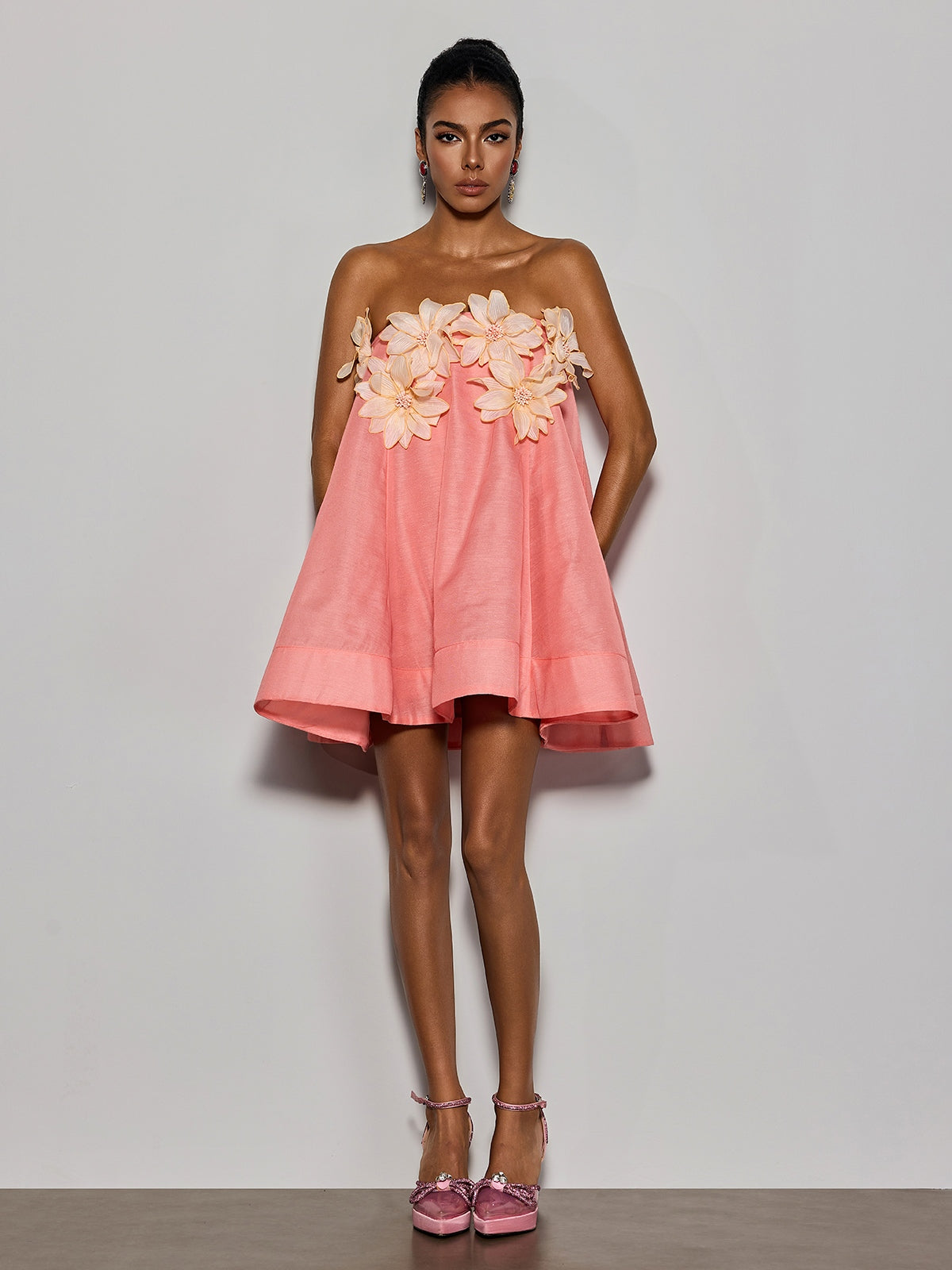 Gratho Strapless Flower Mini Dress In Coral