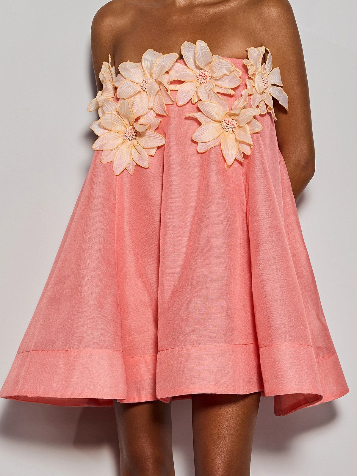Gratho Strapless Flower Mini Dress In Coral