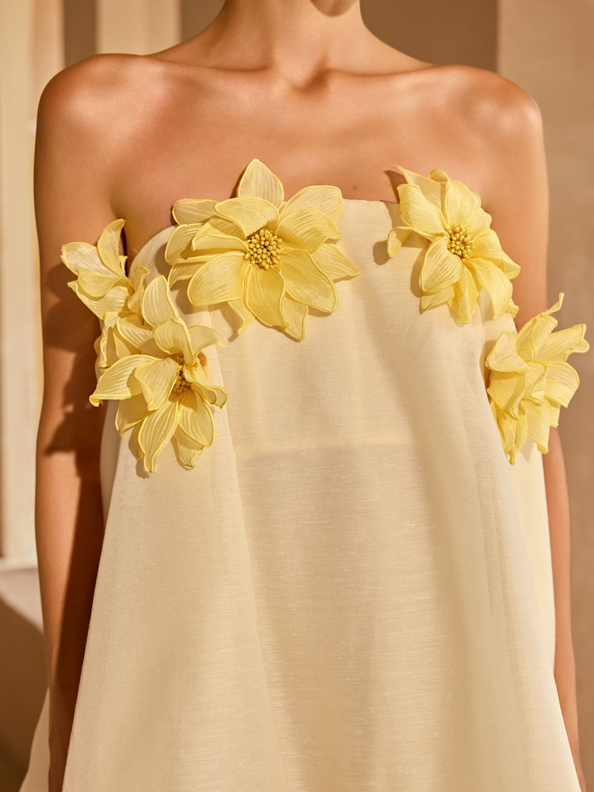 Gratho Strapless Flower Mini Dress In Yellow