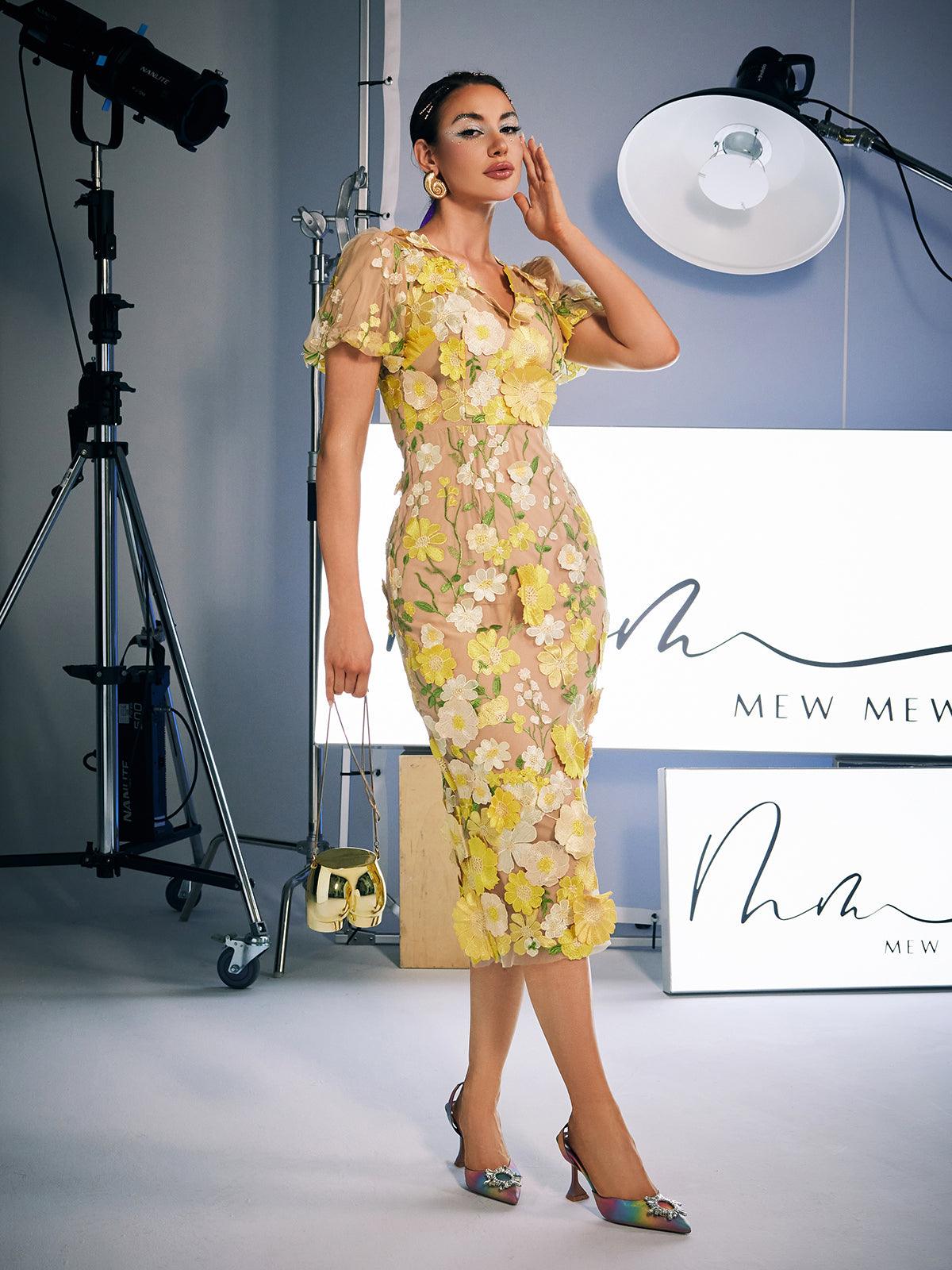 Grayson Flower Embroidered Midi Dress In Yellow