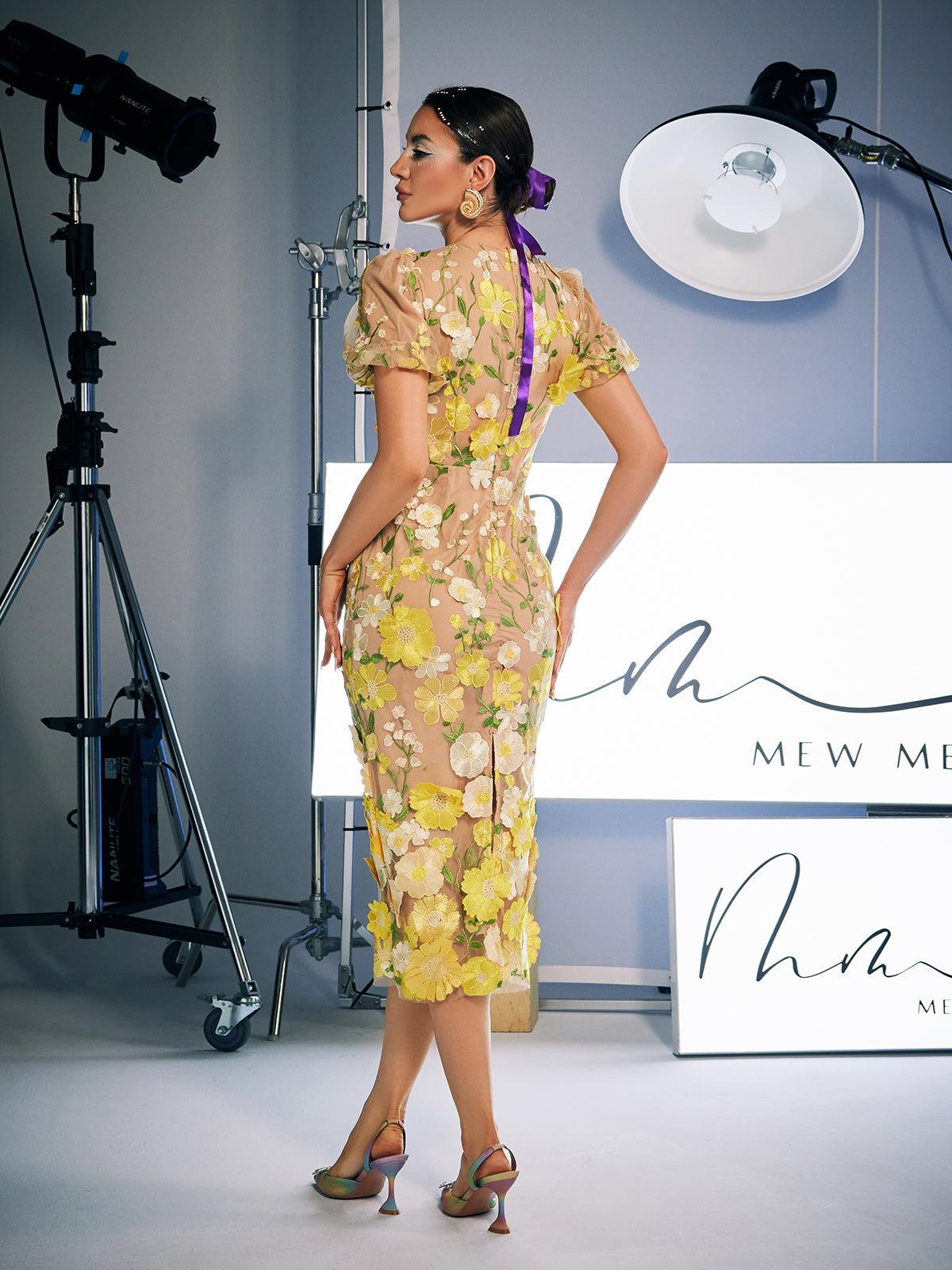 Grayson Flower Embroidered Midi Dress In Yellow