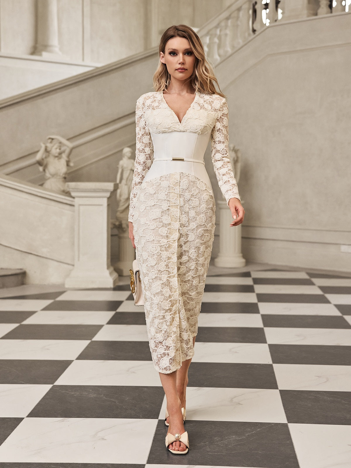 Gryia V Neck Lace Midi Dress