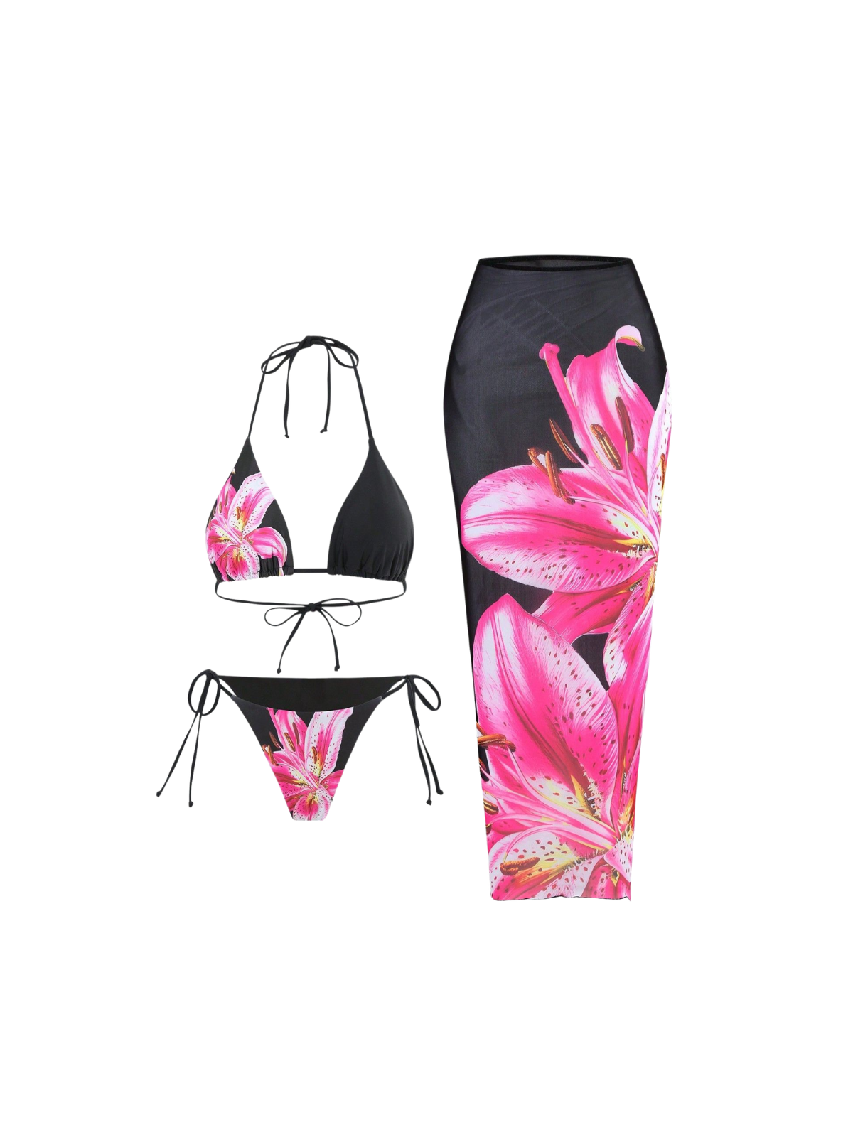 Grynn  Floral Bikini Three Piece Set In Black