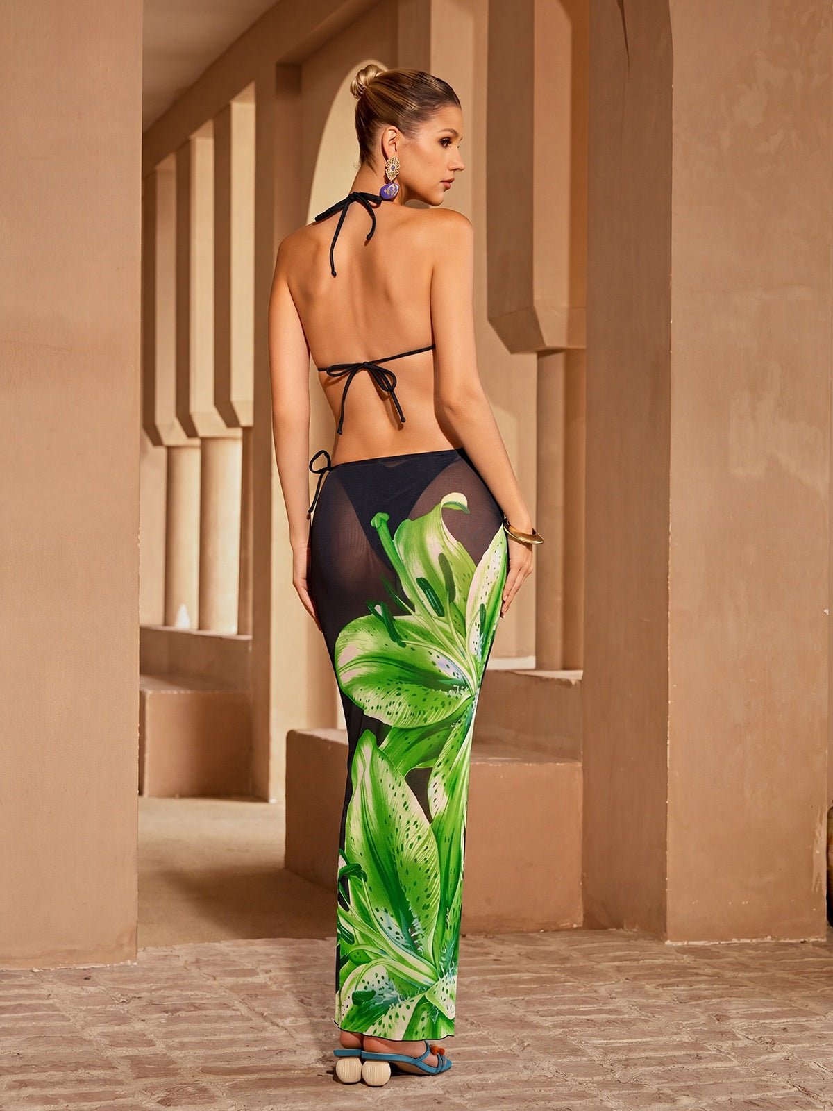 Grynn Floral Bikini Three Piece Set In Green