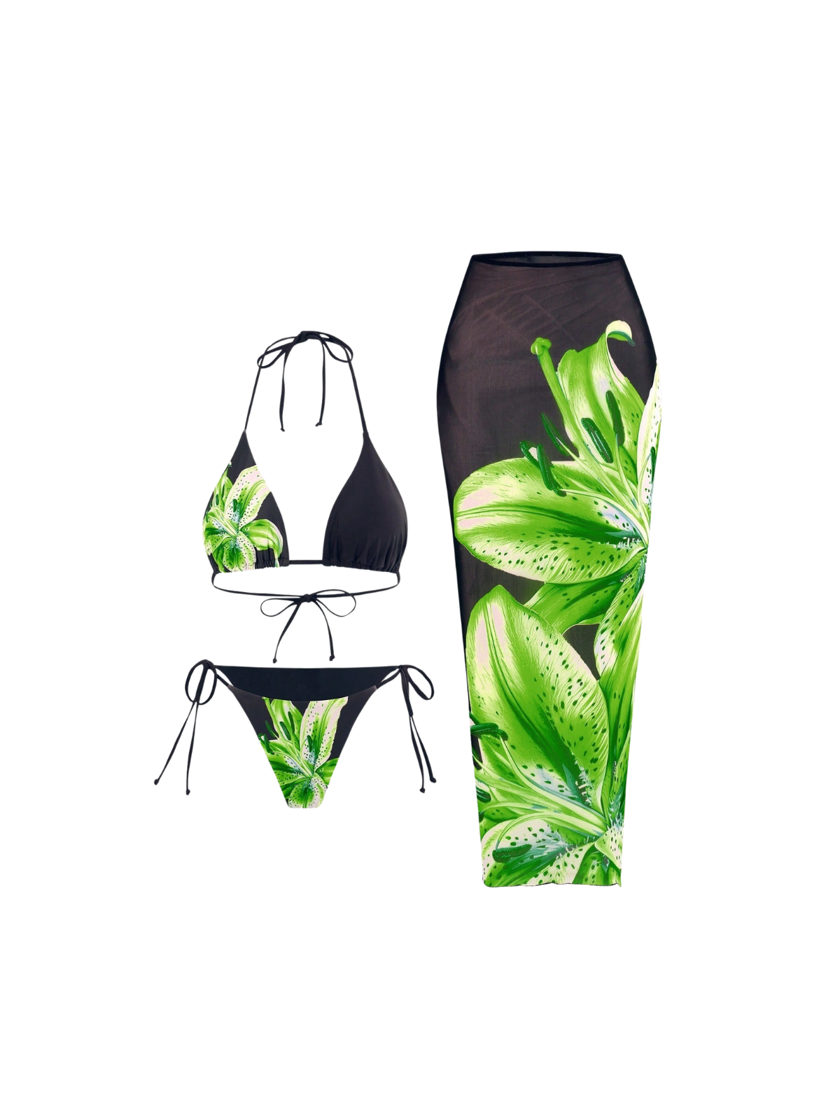 Grynn Floral Bikini Three Piece Set In Green