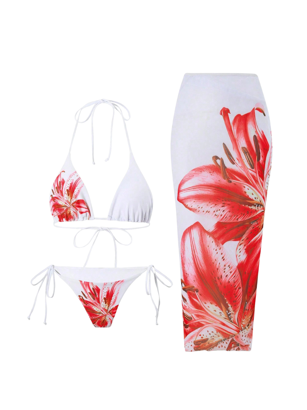 Grynn Floral Bikini Three Piece Set In Red