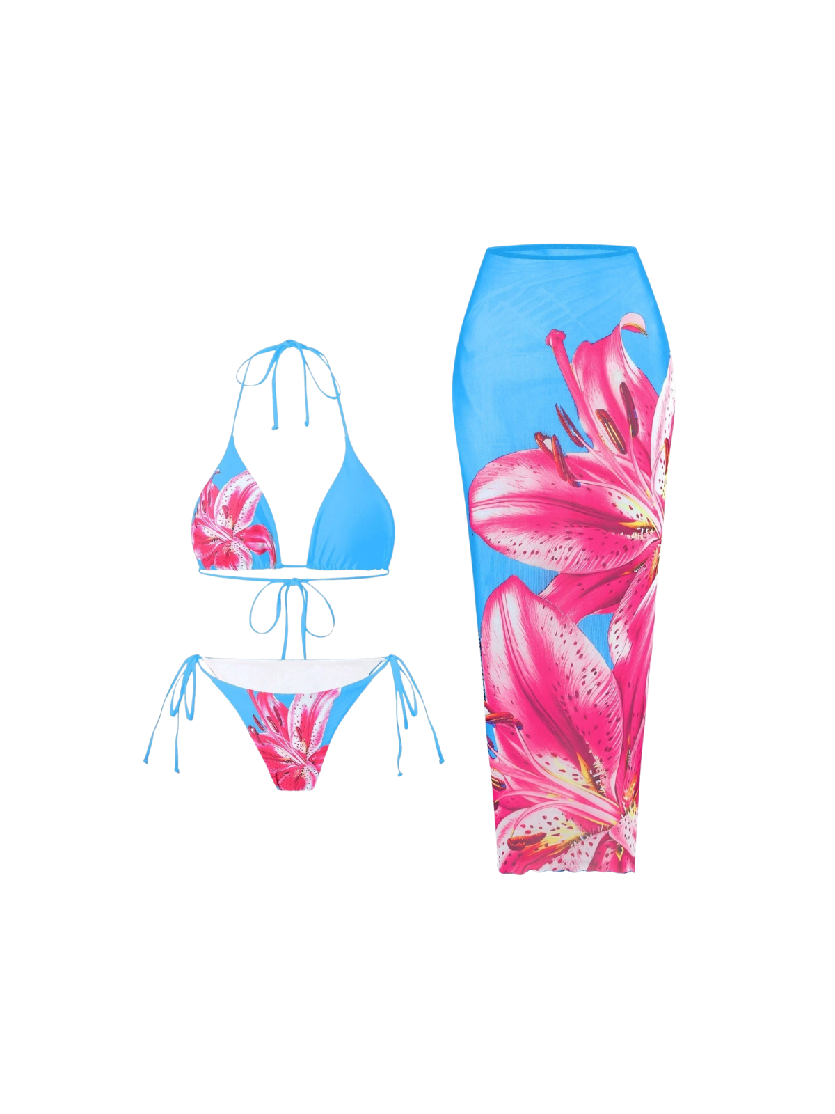 Grynn Floral Bikini Three Piece Set In Turquoise
