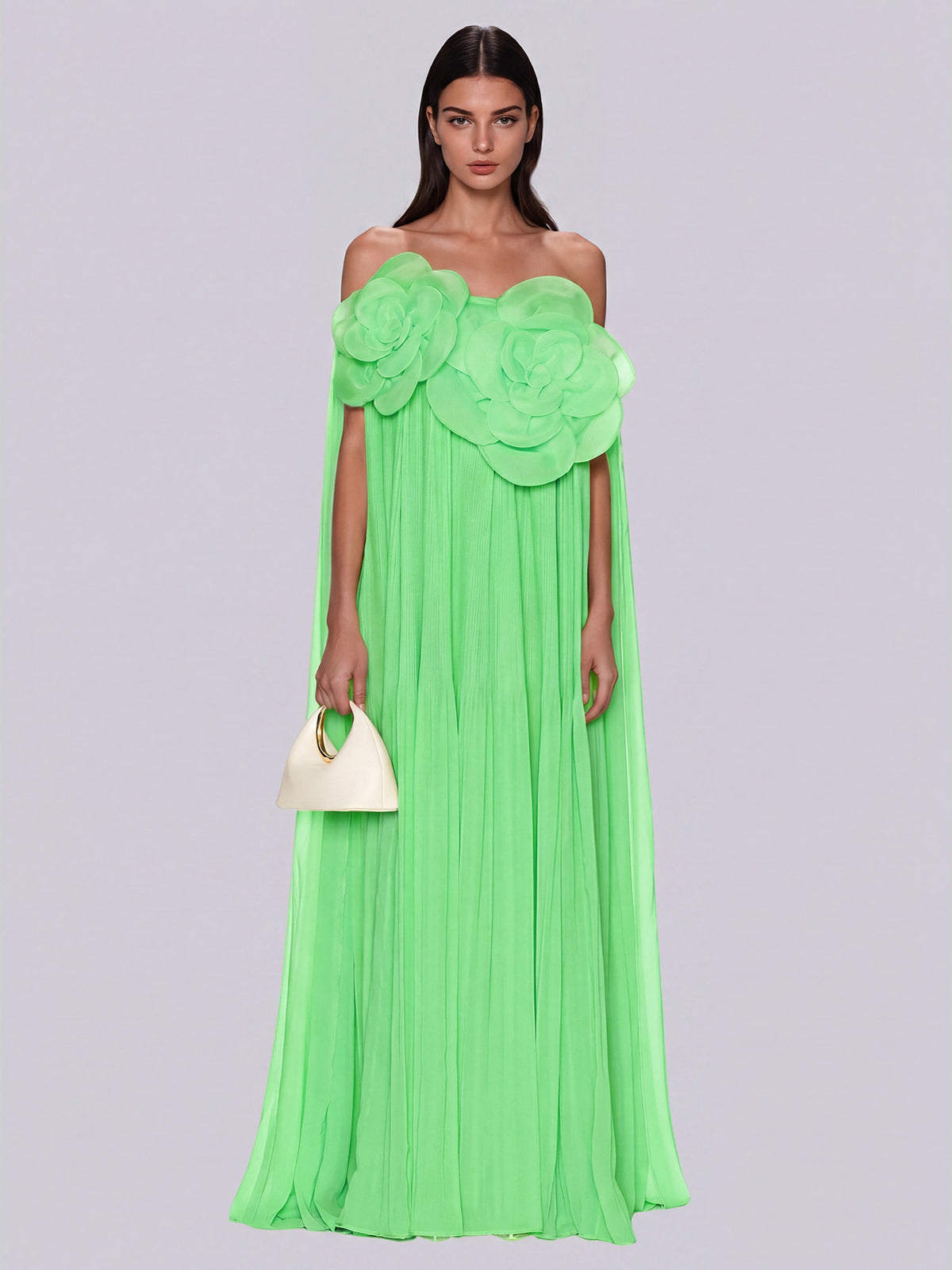 Grythalen Off Shoulder Flower Pleated Maxi Dress