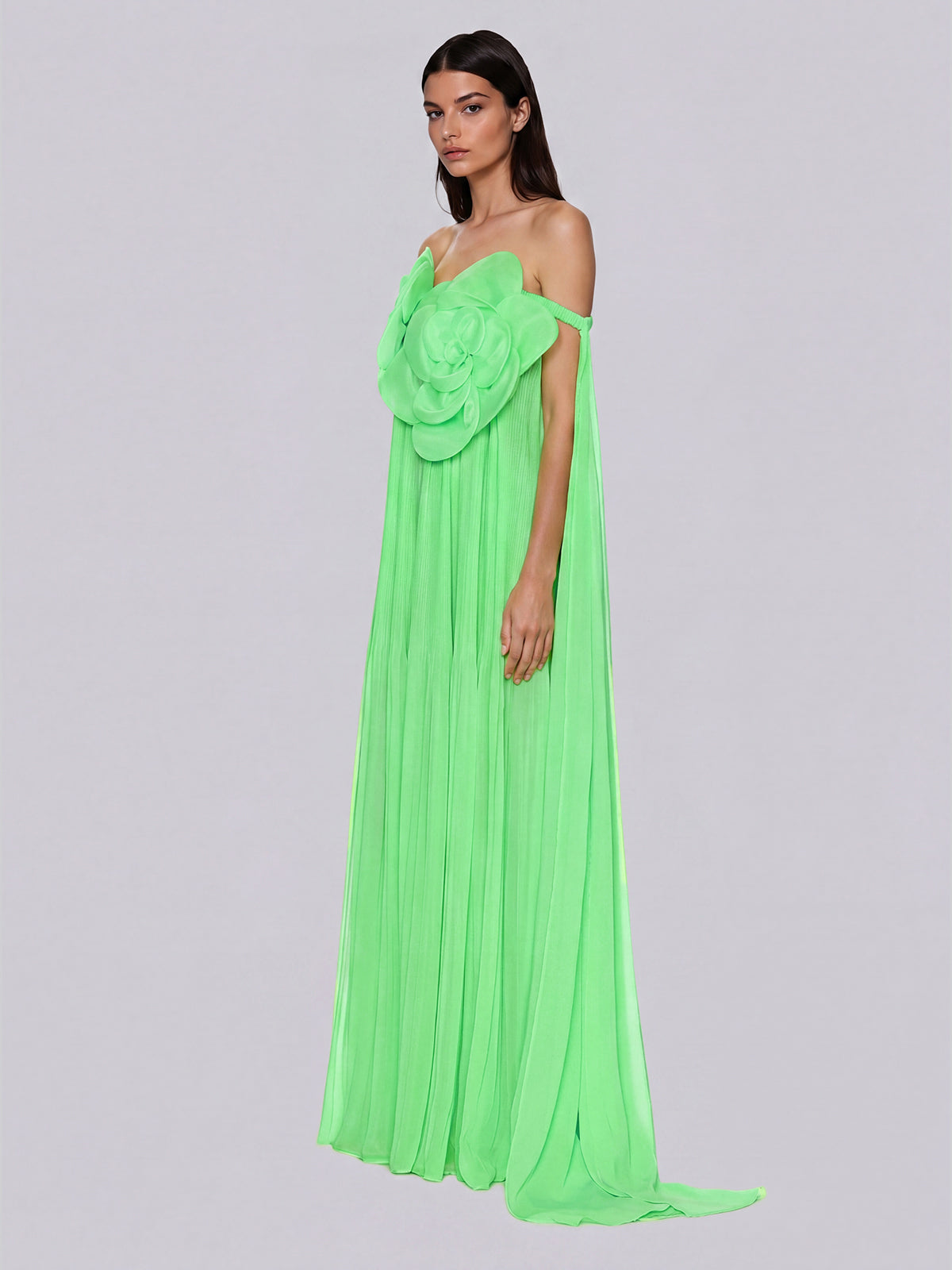 Grythalen Off Shoulder Flower Pleated Maxi Dress