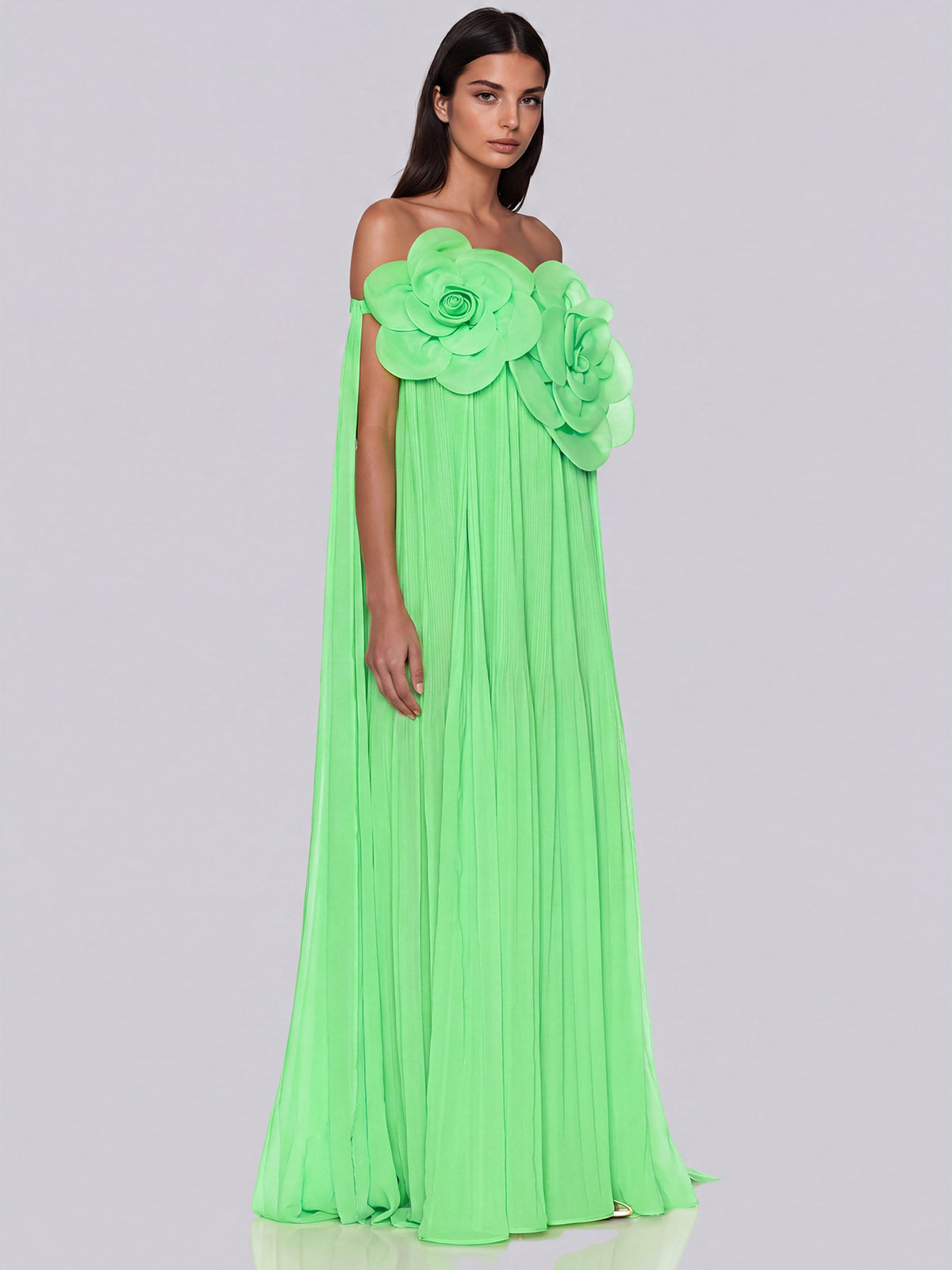 Grythalen Off Shoulder Flower Pleated Maxi Dress