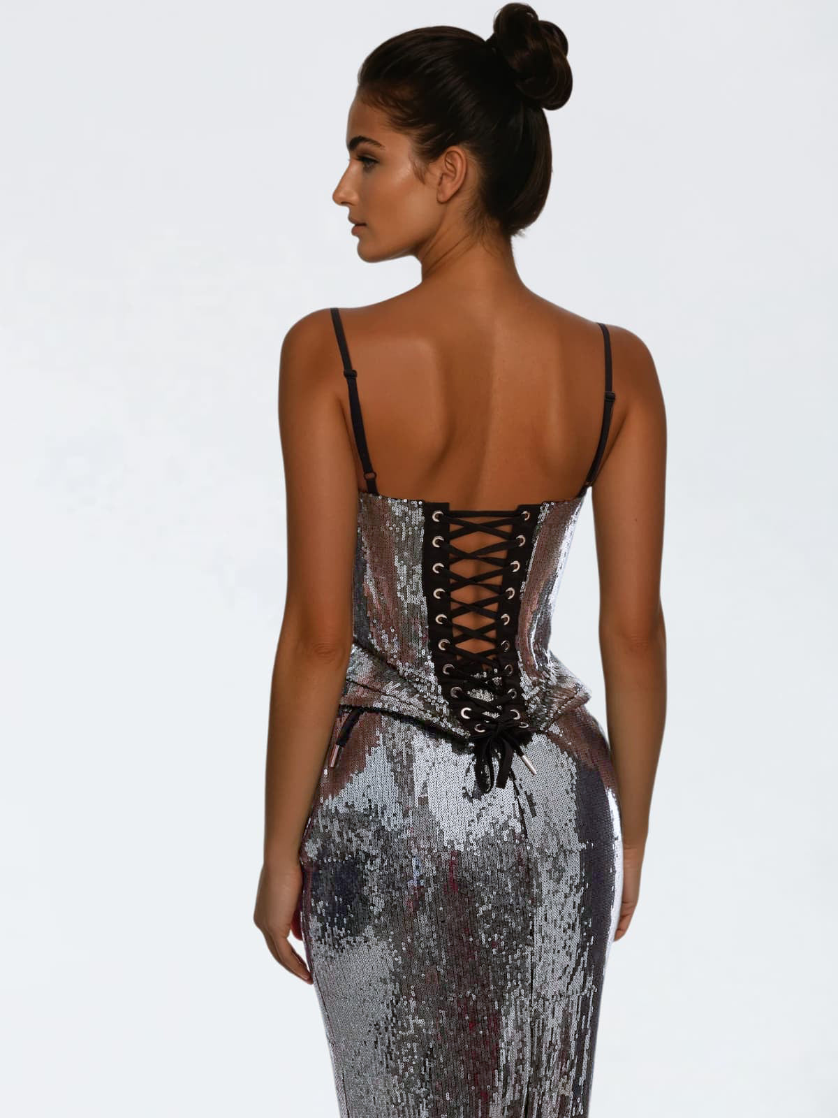 Gynvora Spaghetti Lace Up Sequin Skirt Set