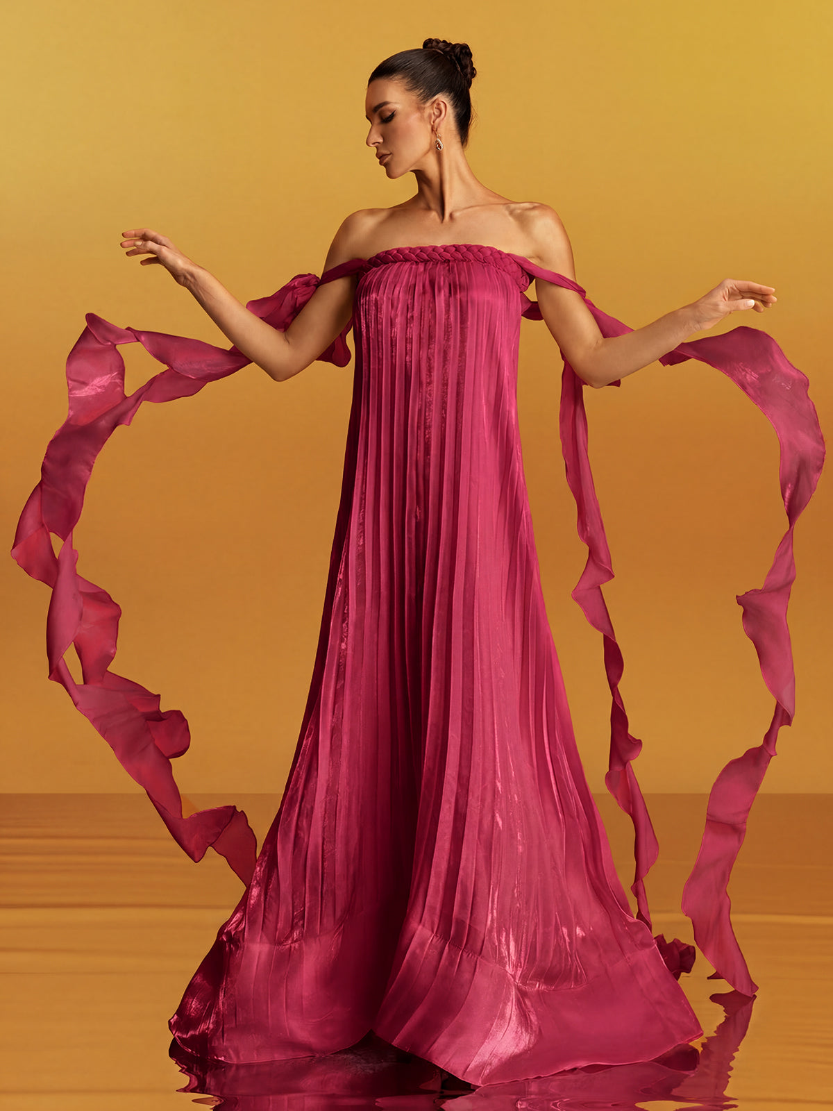 Gyron Off Shoulder Pleated Maxi Dress In Hot Pink