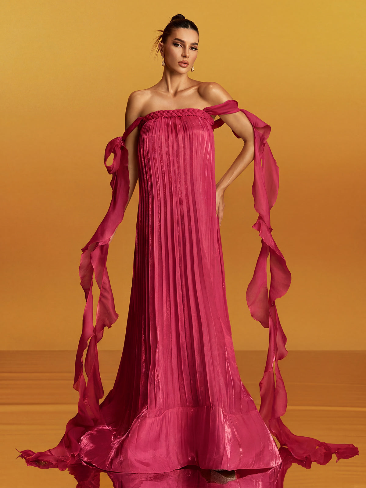 Gyron Off Shoulder Pleated Maxi Dress In Hot Pink
