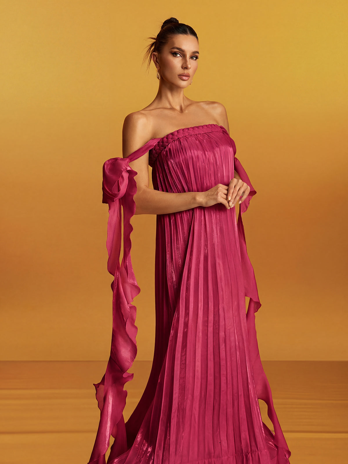 Gyron Off Shoulder Pleated Maxi Dress In Hot Pink