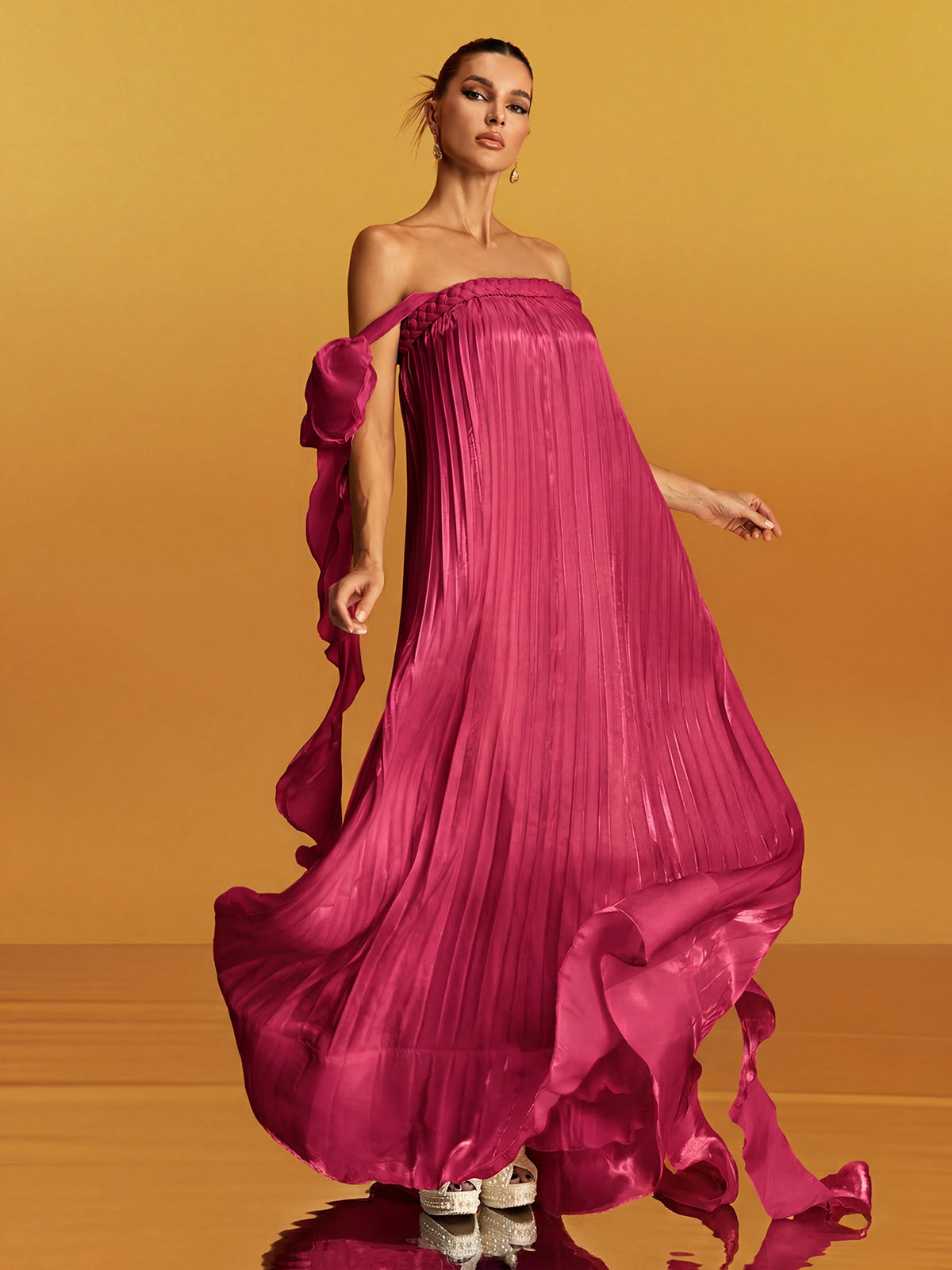 Gyron Off Shoulder Pleated Maxi Dress In Hot Pink
