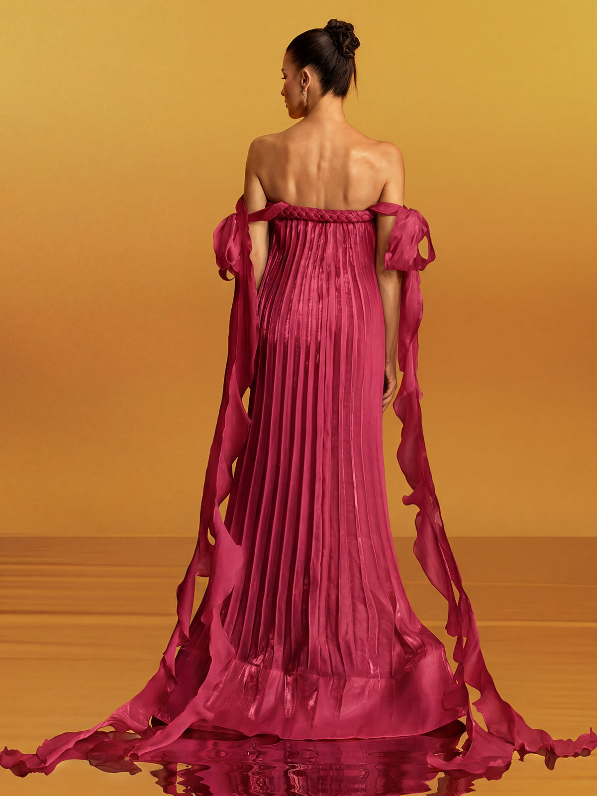 Gyron Off Shoulder Pleated Maxi Dress In Hot Pink