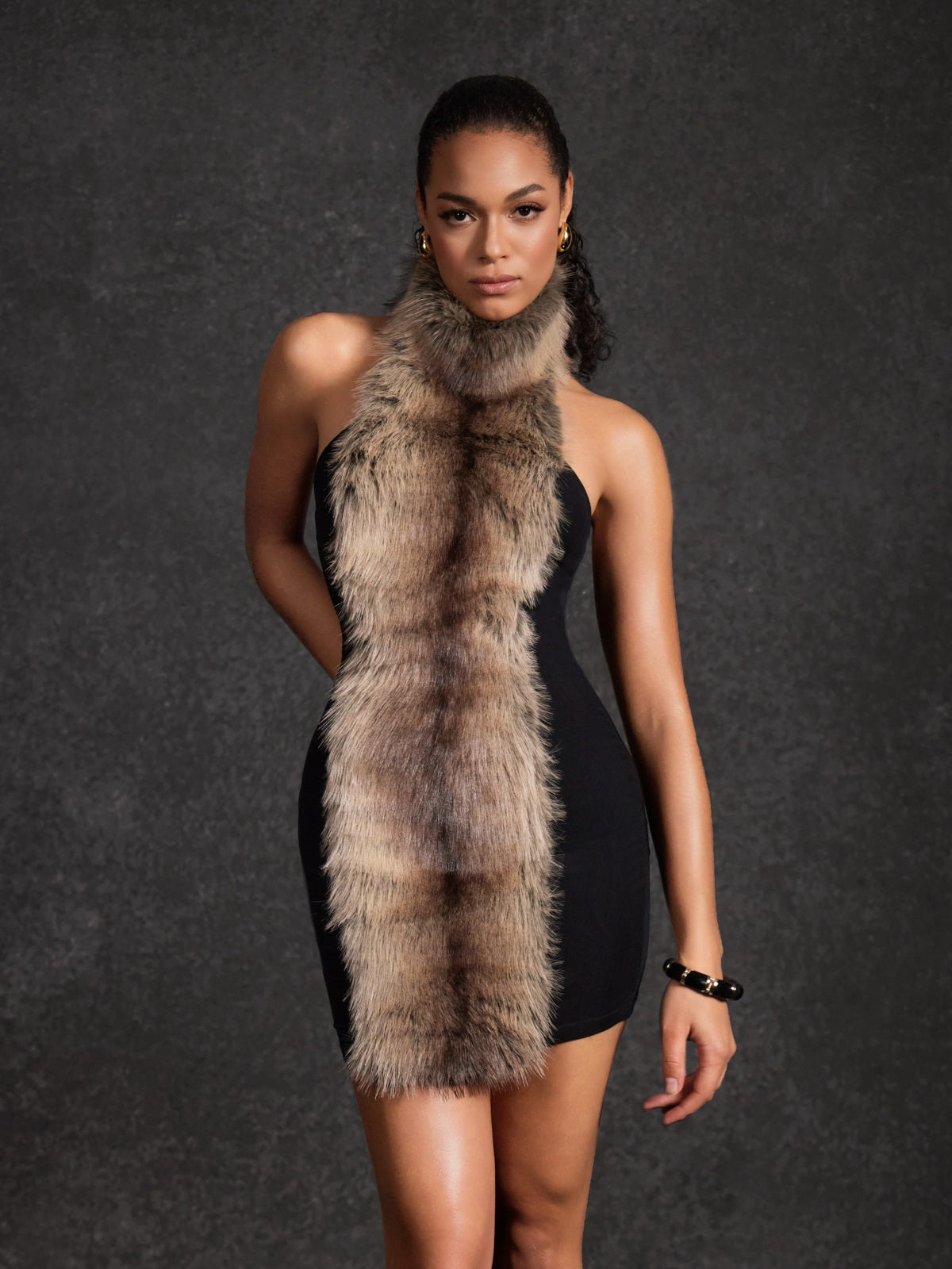 Hadeanix Halterneck Fur Mini Dress