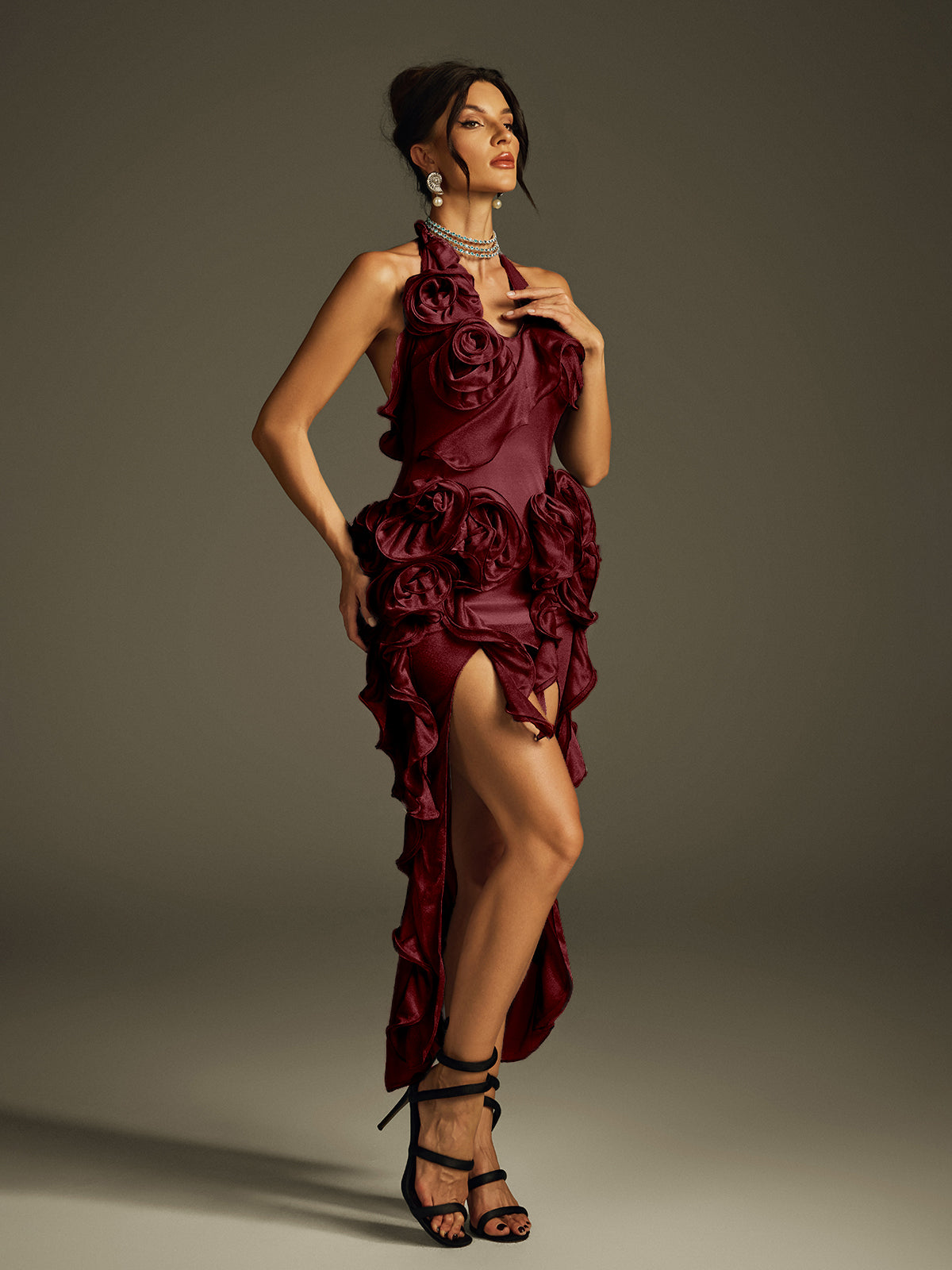 Haeris Halterneck Flower Mesh Midi Dress In Wine