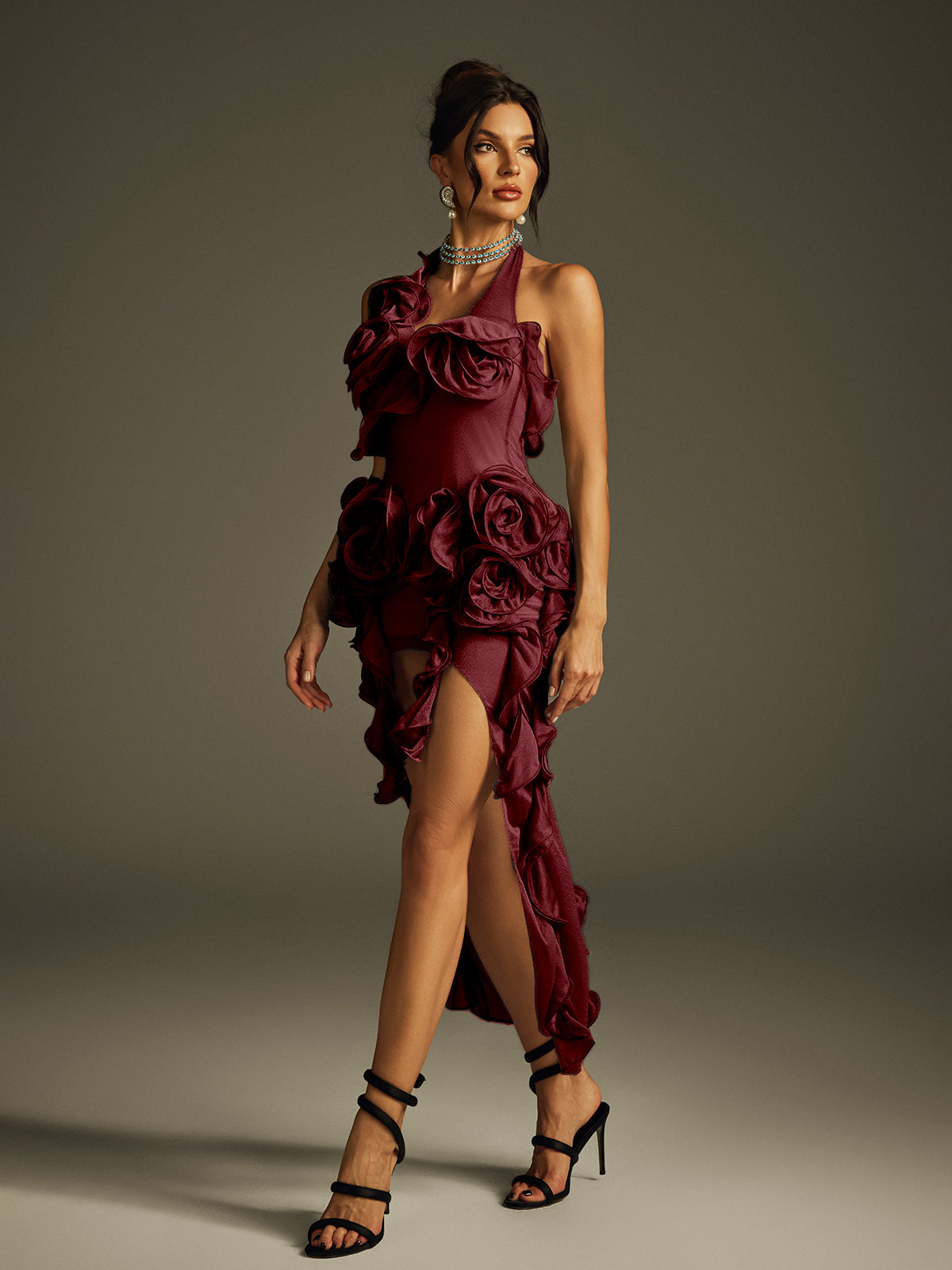 Haeris Halterneck Flower Mesh Midi Dress In Wine